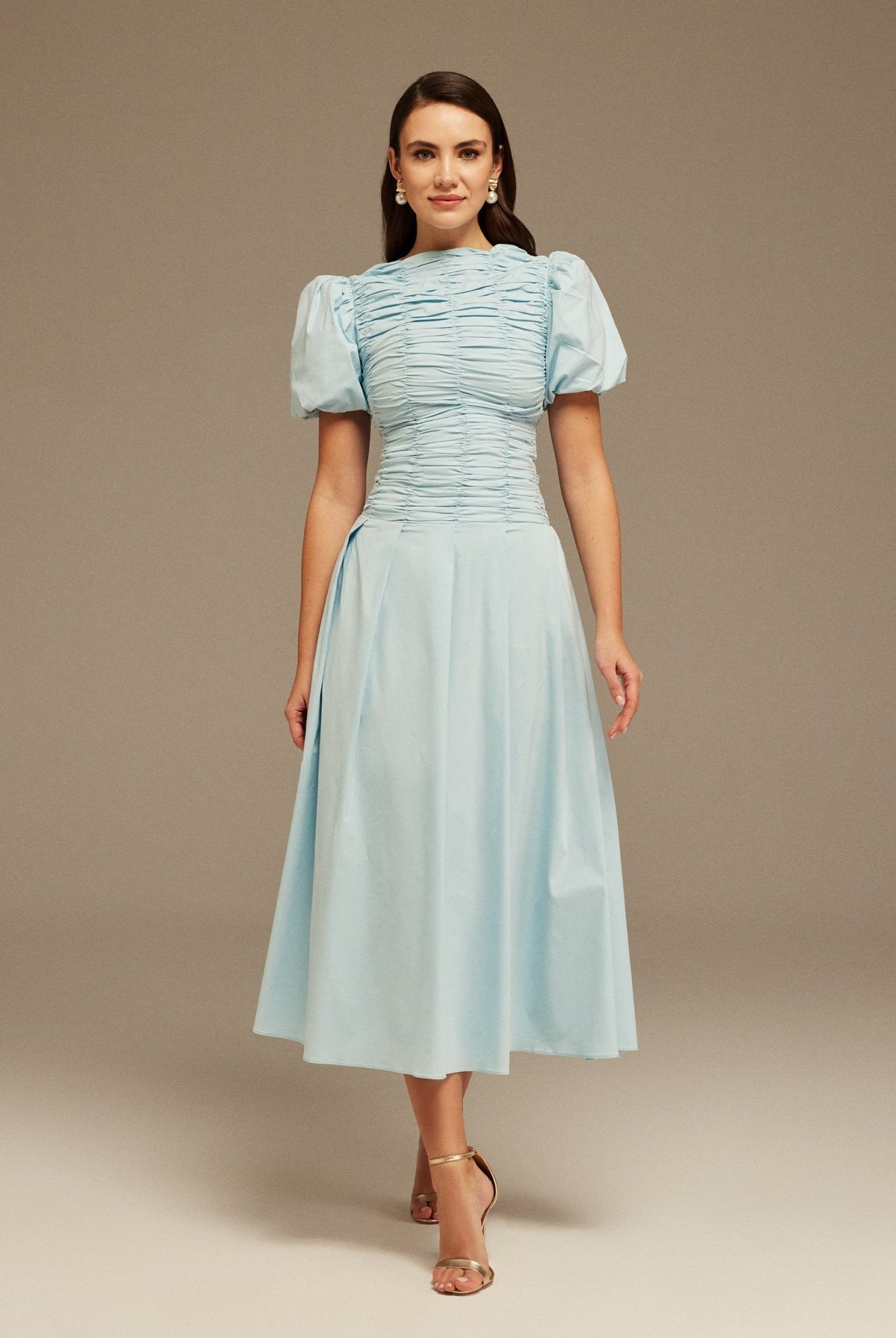 Light Blue Draped Top Short Sleeve Midi Dress - shopaleena