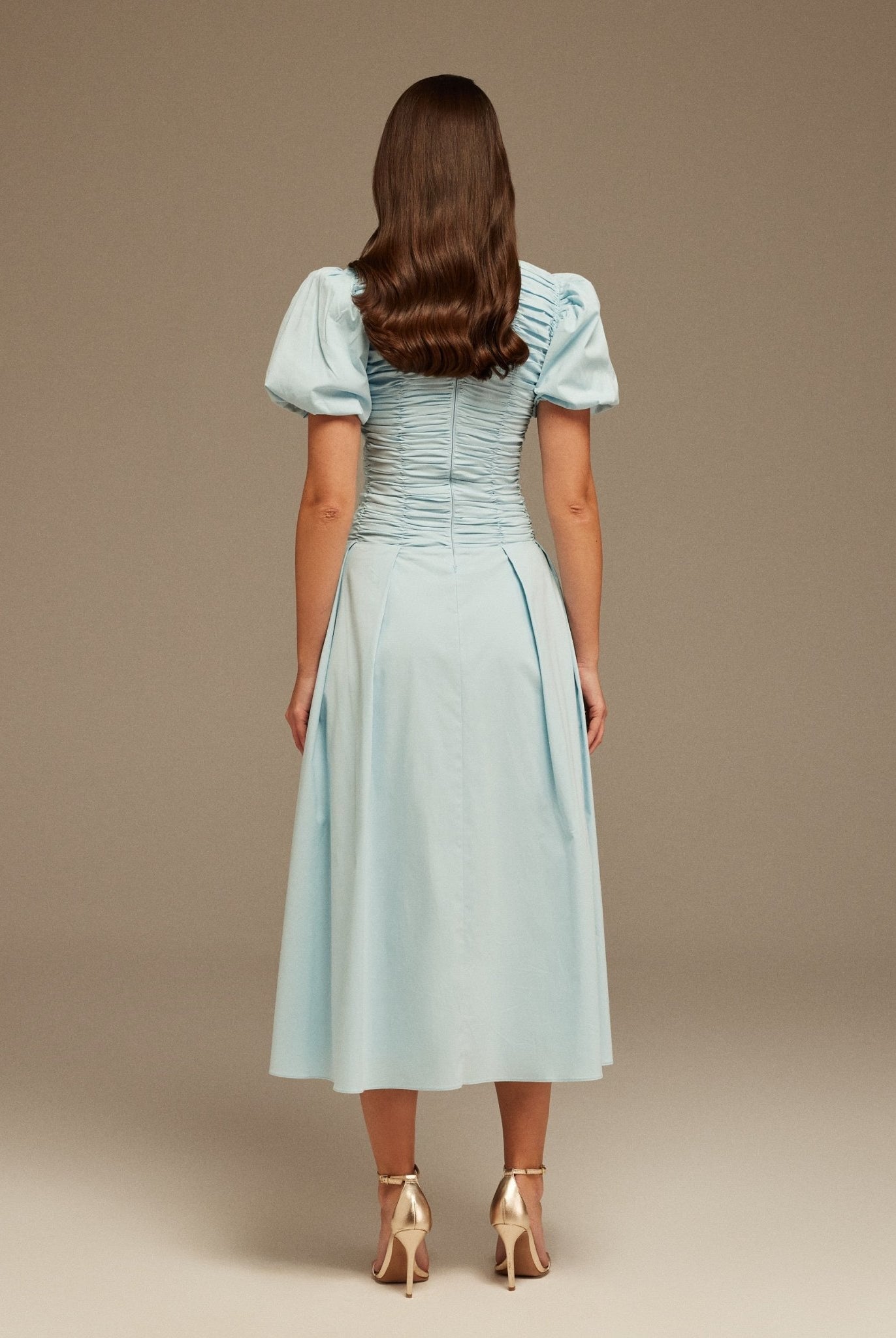 Light Blue Draped Top Short Sleeve Midi Dress - shopaleena