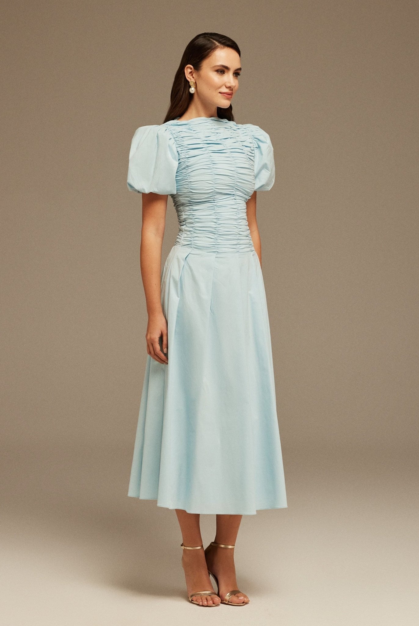 Light Blue Draped Top Short Sleeve Midi Dress - shopaleena