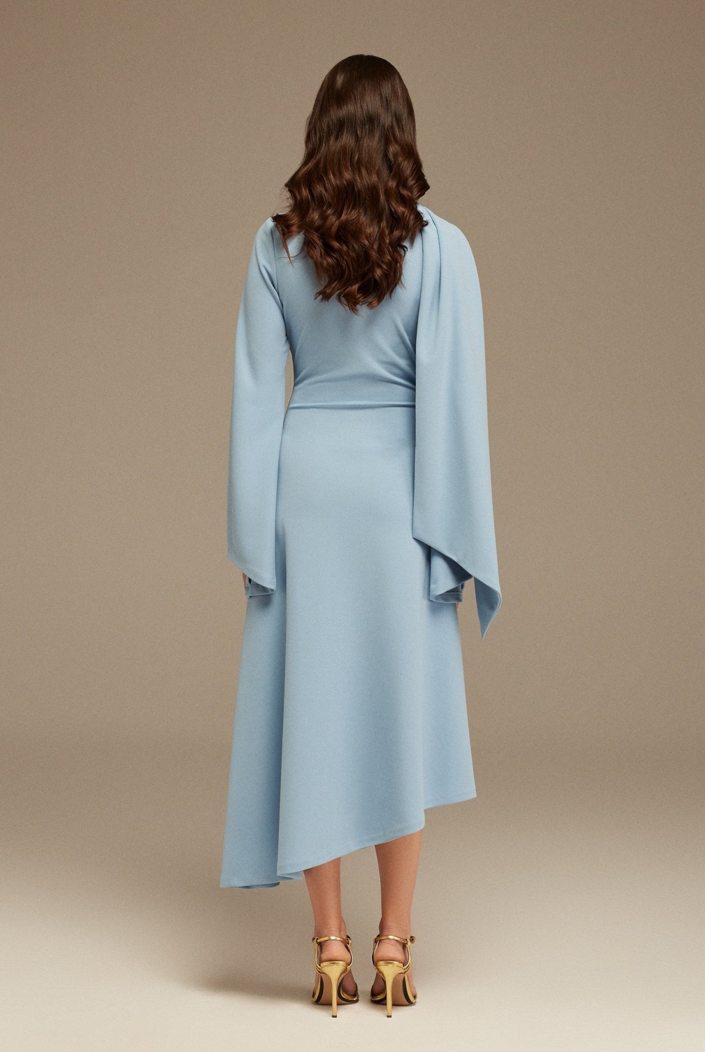 Light Blue Gathered Waist Midi Dress With Scarf - shopaleena