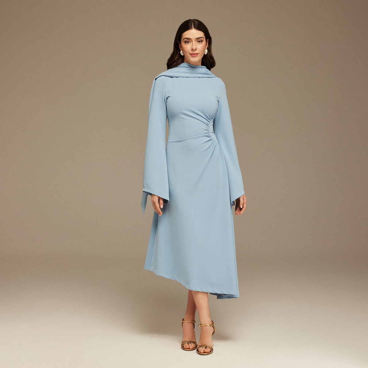 women dress with scarf Light Blue Gathered Waist Midi Dress With Scarf – shopaleena