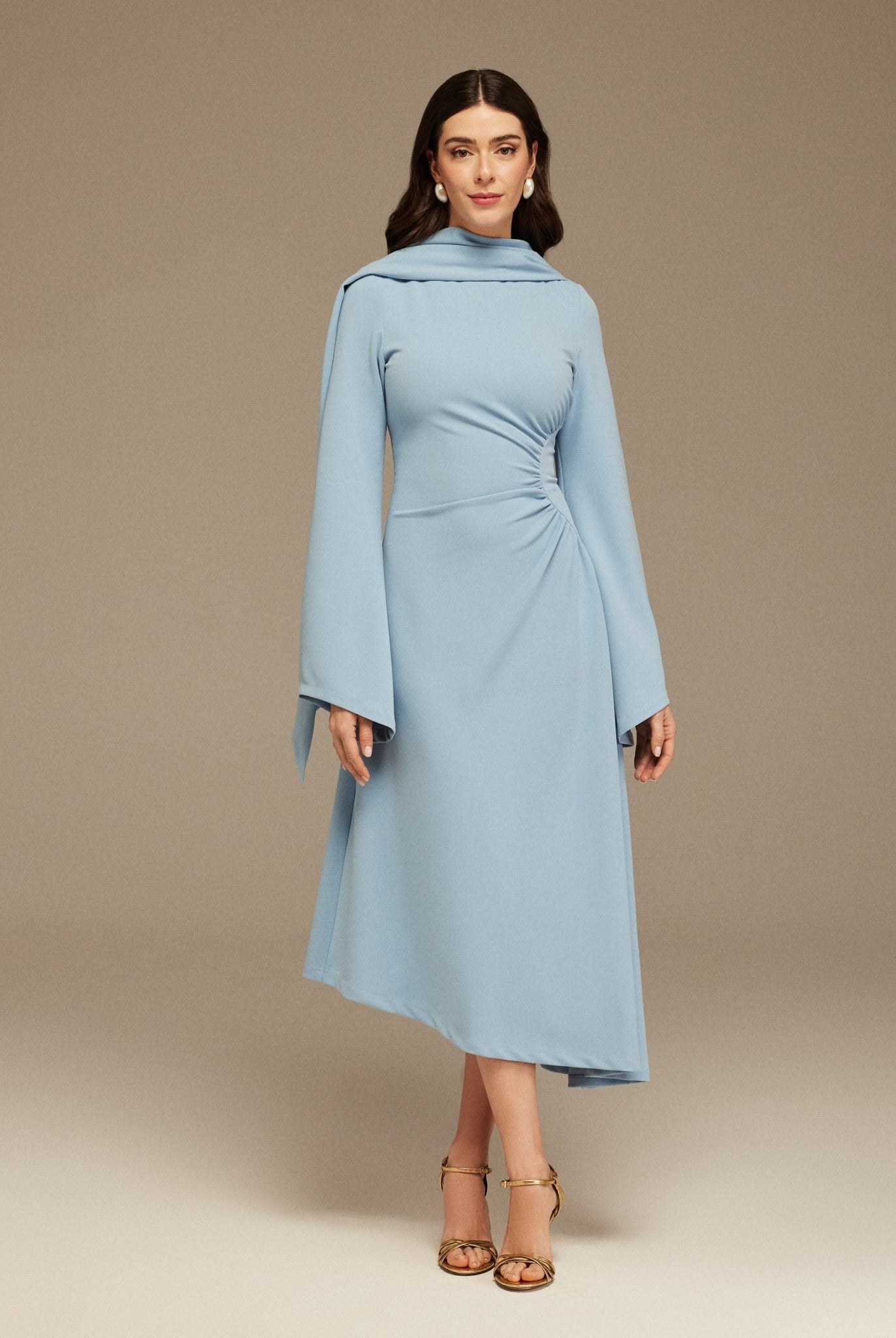 Light Blue Gathered Waist Midi Dress With Scarf - shopaleena