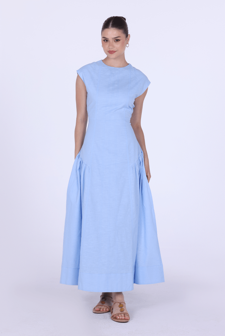 Light Blue Linen Blend Cap Sleeves Stitch A Line Dress - shopaleena