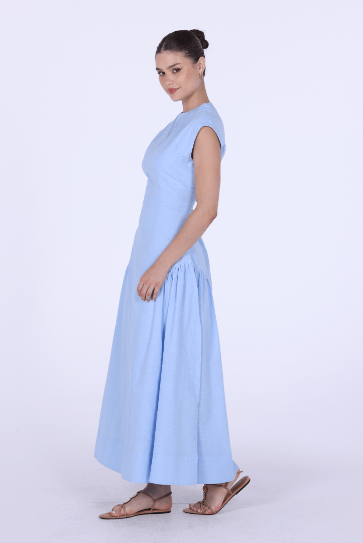 Light Blue Linen Blend Cap Sleeves Stitch A Line Dress - shopaleena