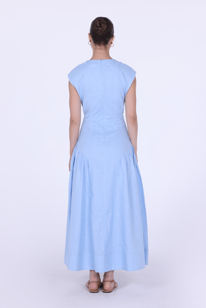 Light Blue Linen Blend Cap Sleeves Stitch A Line Dress - shopaleena