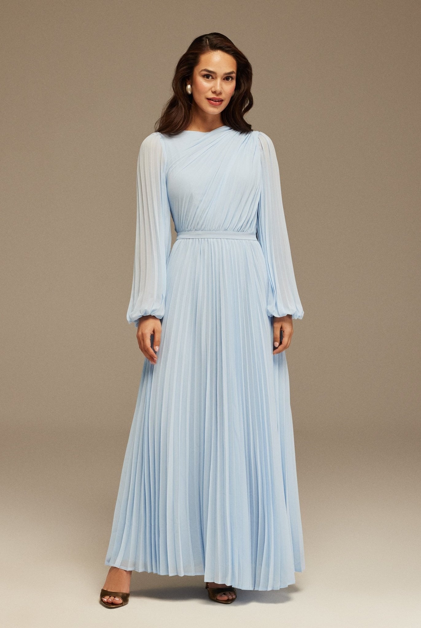 Light Blue Pleated Long Sleeve Maxi Dress - shopaleena