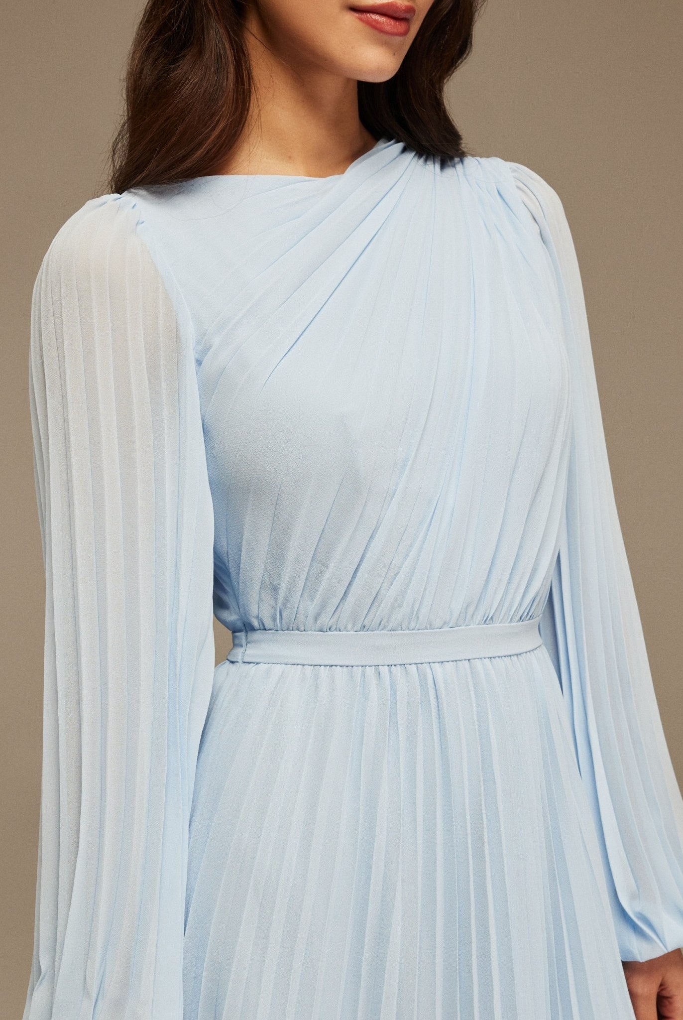 Light Blue Pleated Long Sleeve Maxi Dress - shopaleena