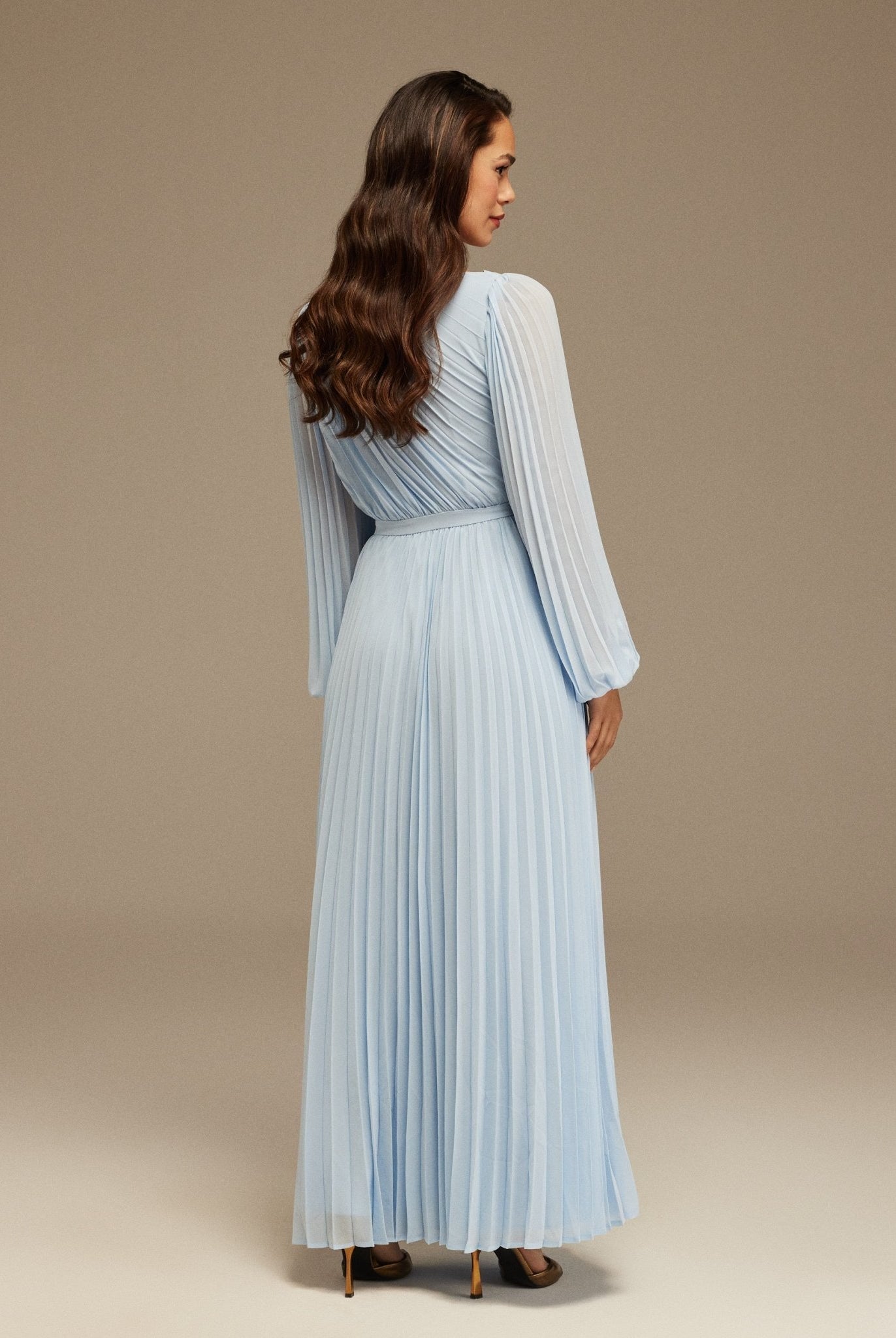 Light Blue Pleated Long Sleeve Maxi Dress - shopaleena