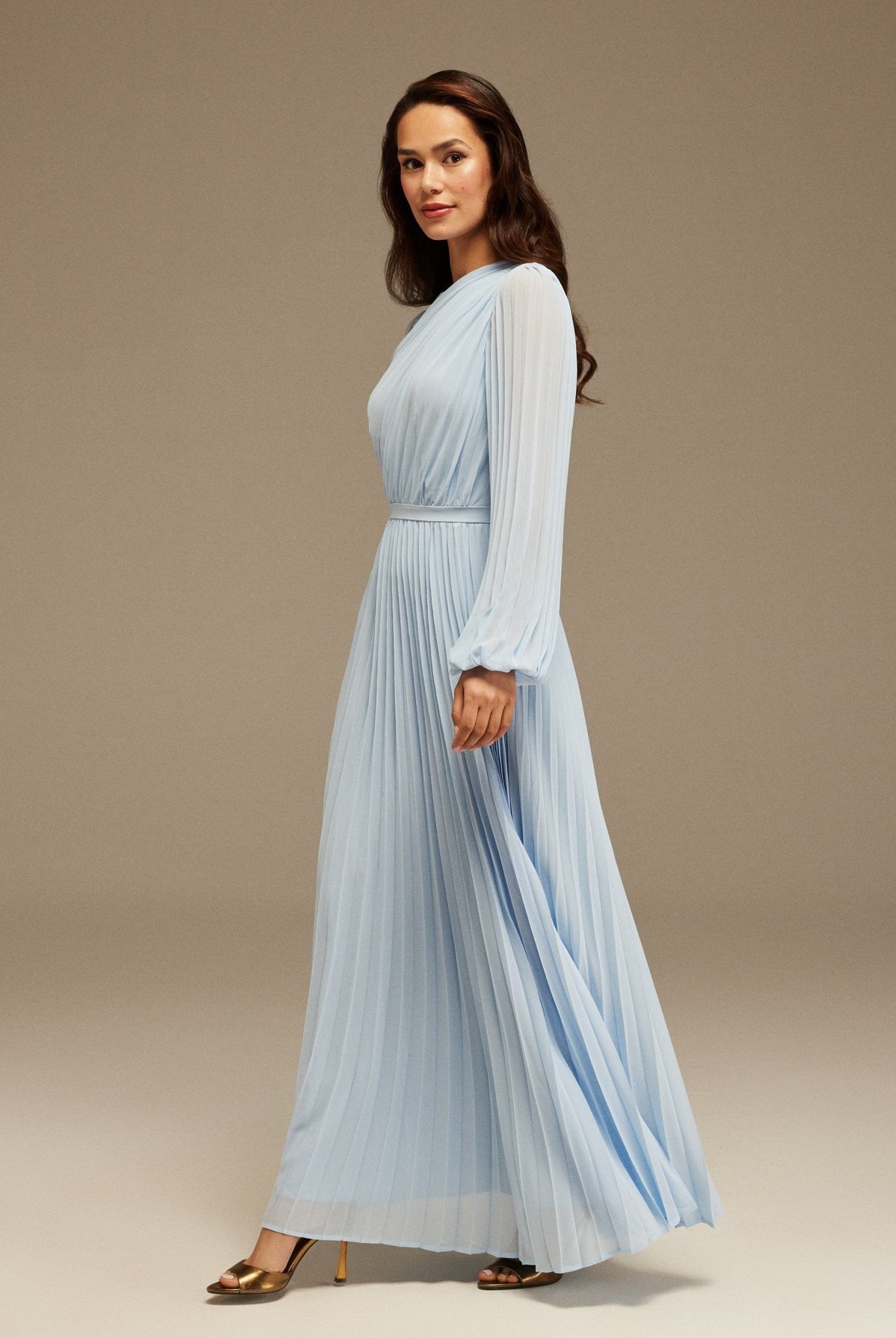 Light Blue Pleated Long Sleeve Maxi Dress - shopaleena