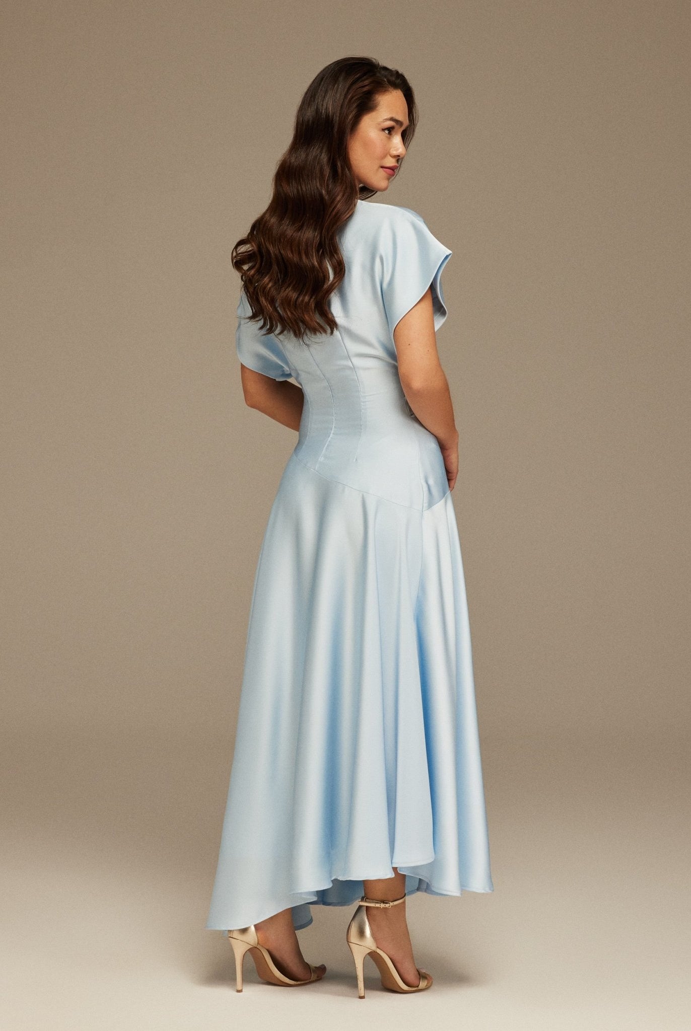 Light Blue Short Sleeve Asymmetric Satin Dress - shopaleena