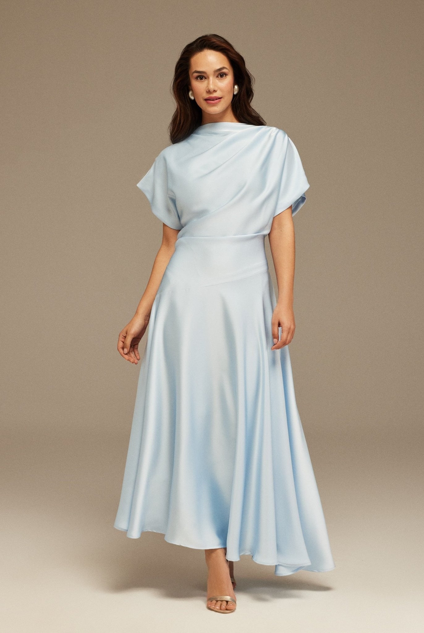 Light Blue Short Sleeve Asymmetric Satin Dress - shopaleena