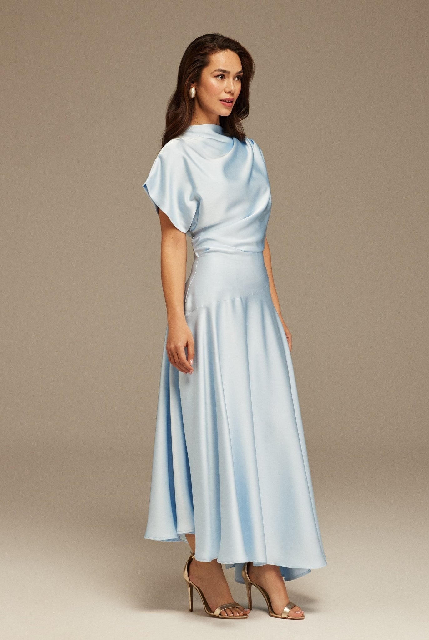 Light Blue Short Sleeve Asymmetric Satin Dress - shopaleena