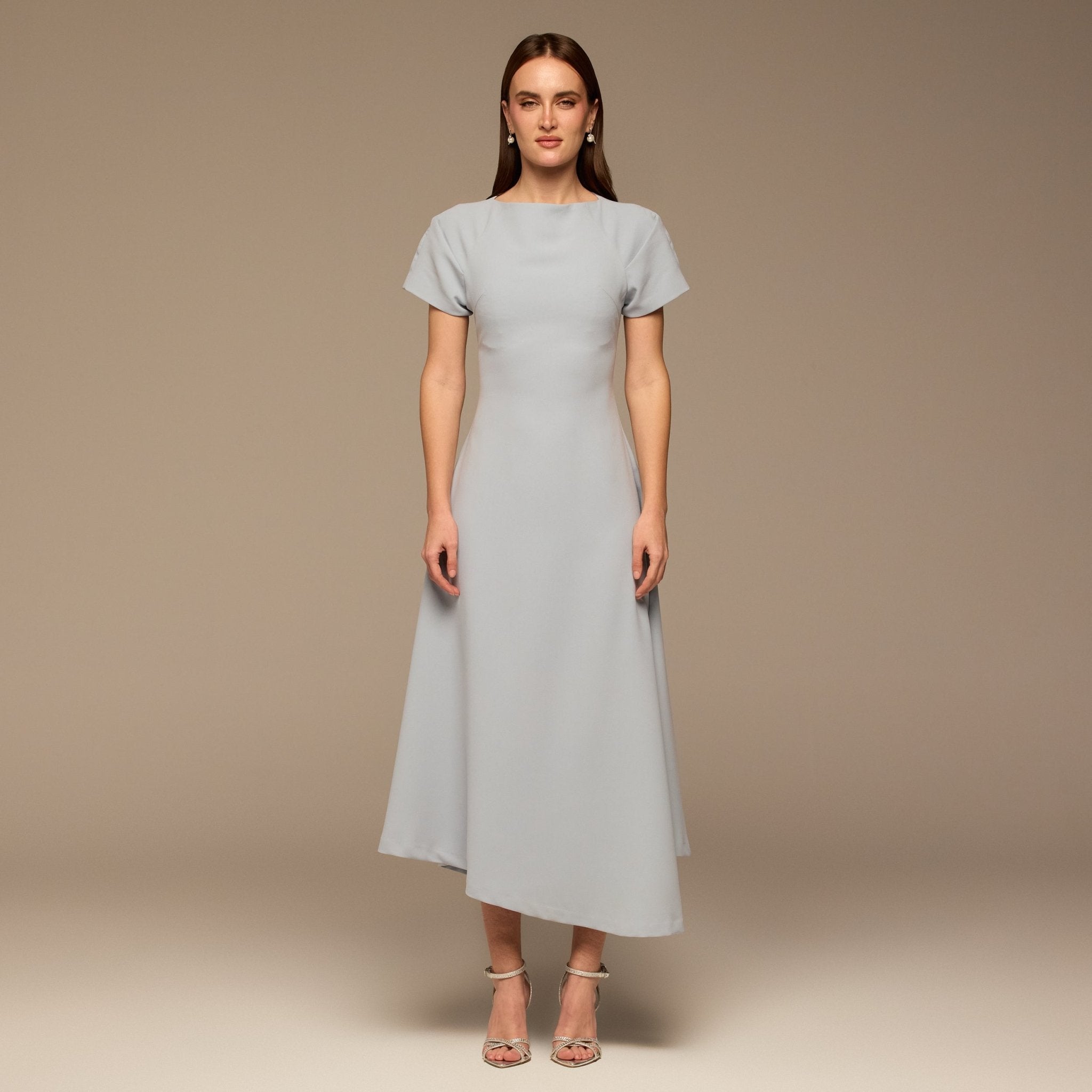 Light Blue Short Sleeve Crepe Dress - shopaleena