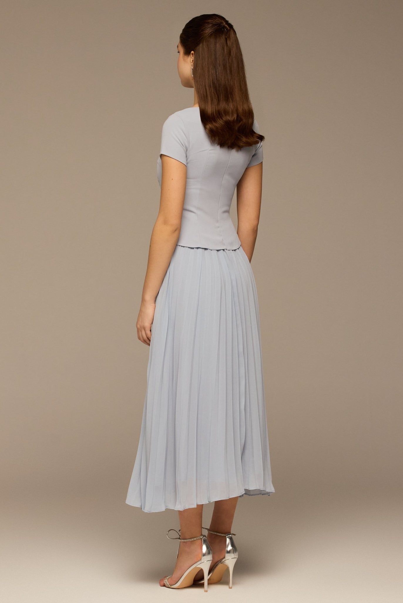 Light Blue Short Sleeve Pleated Crepe & Chiffon Dress - shopaleena
