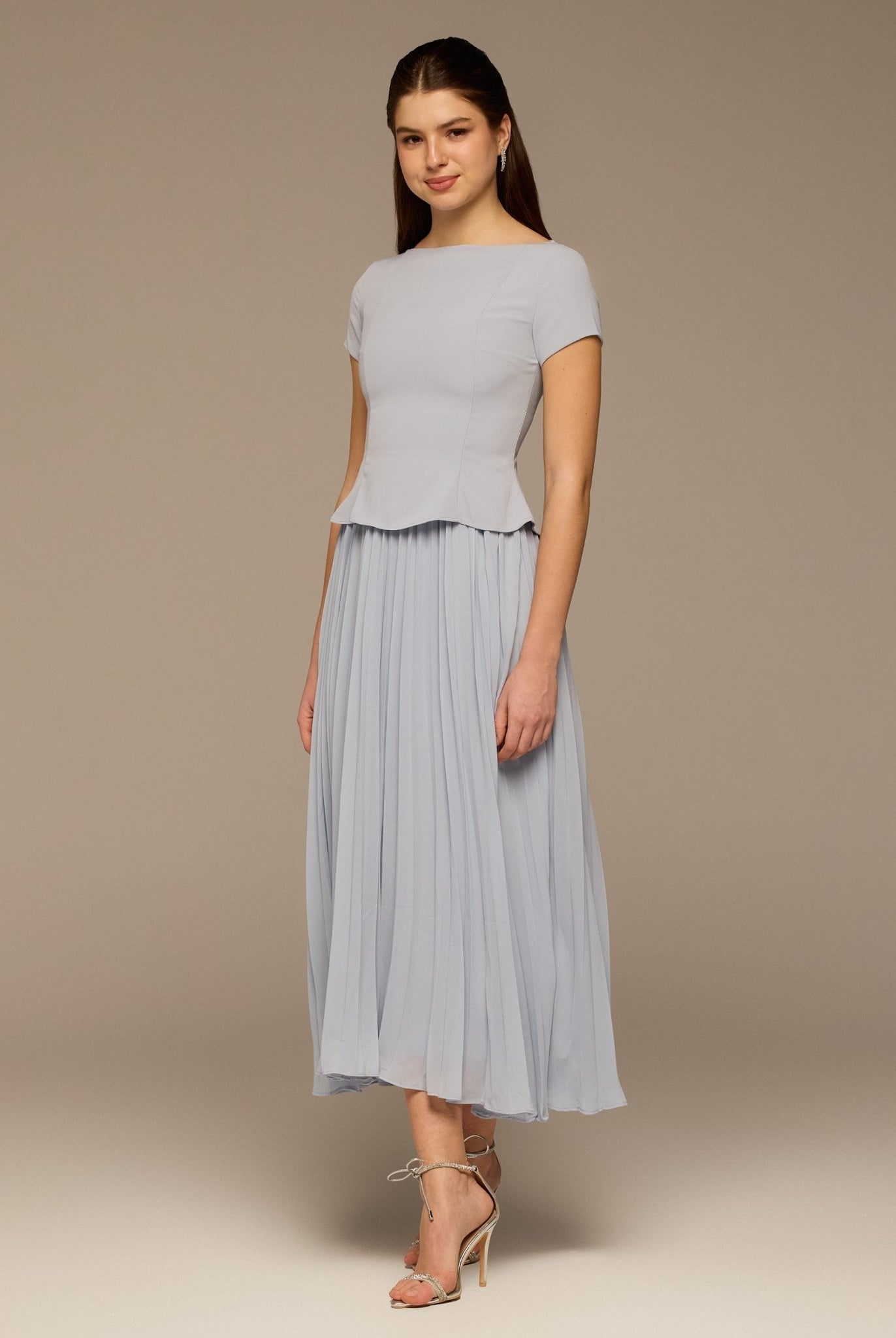 Light Blue Short Sleeve Pleated Crepe & Chiffon Dress - shopaleena