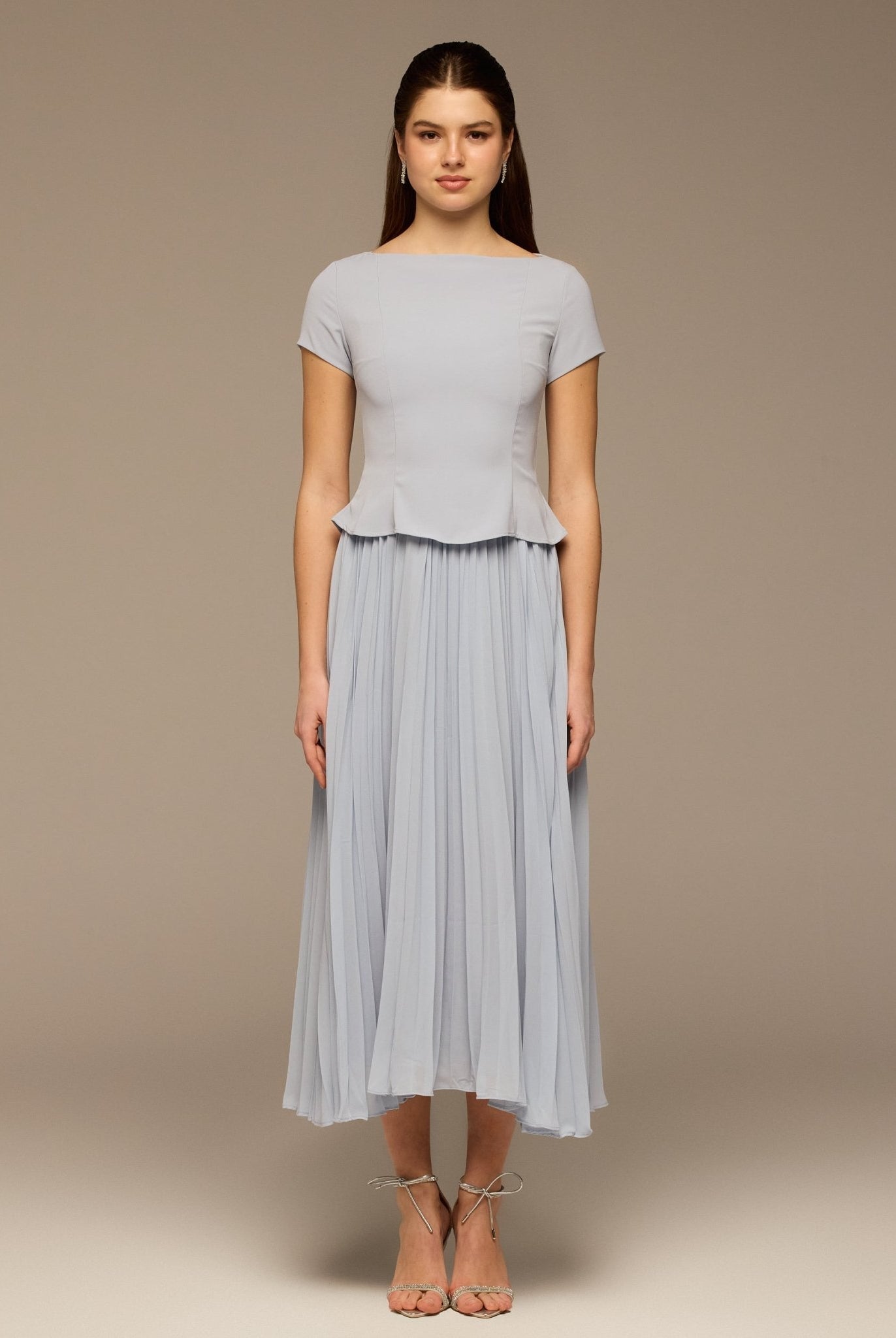 Light Blue Short Sleeve Pleated Crepe & Chiffon Dress - shopaleena