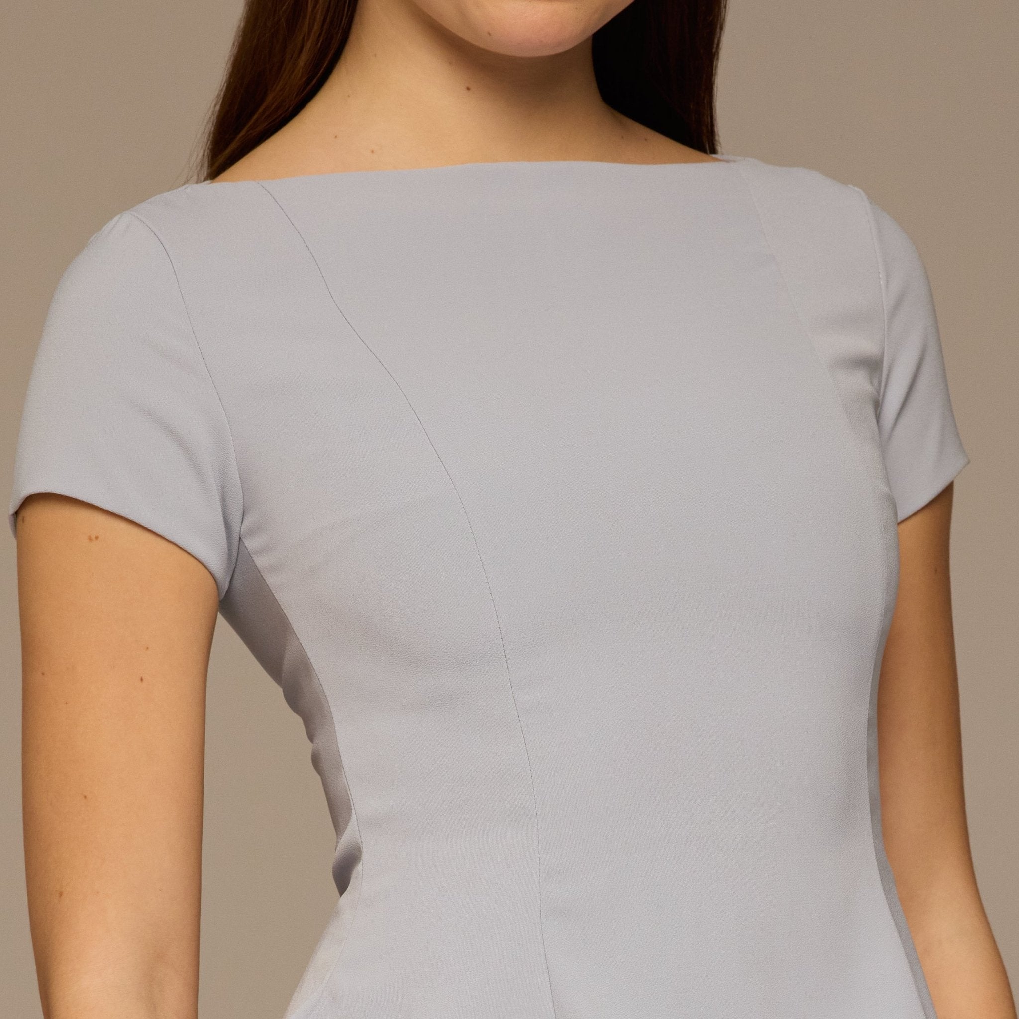 Light Blue Short Sleeve Pleated Crepe & Chiffon Dress - shopaleena