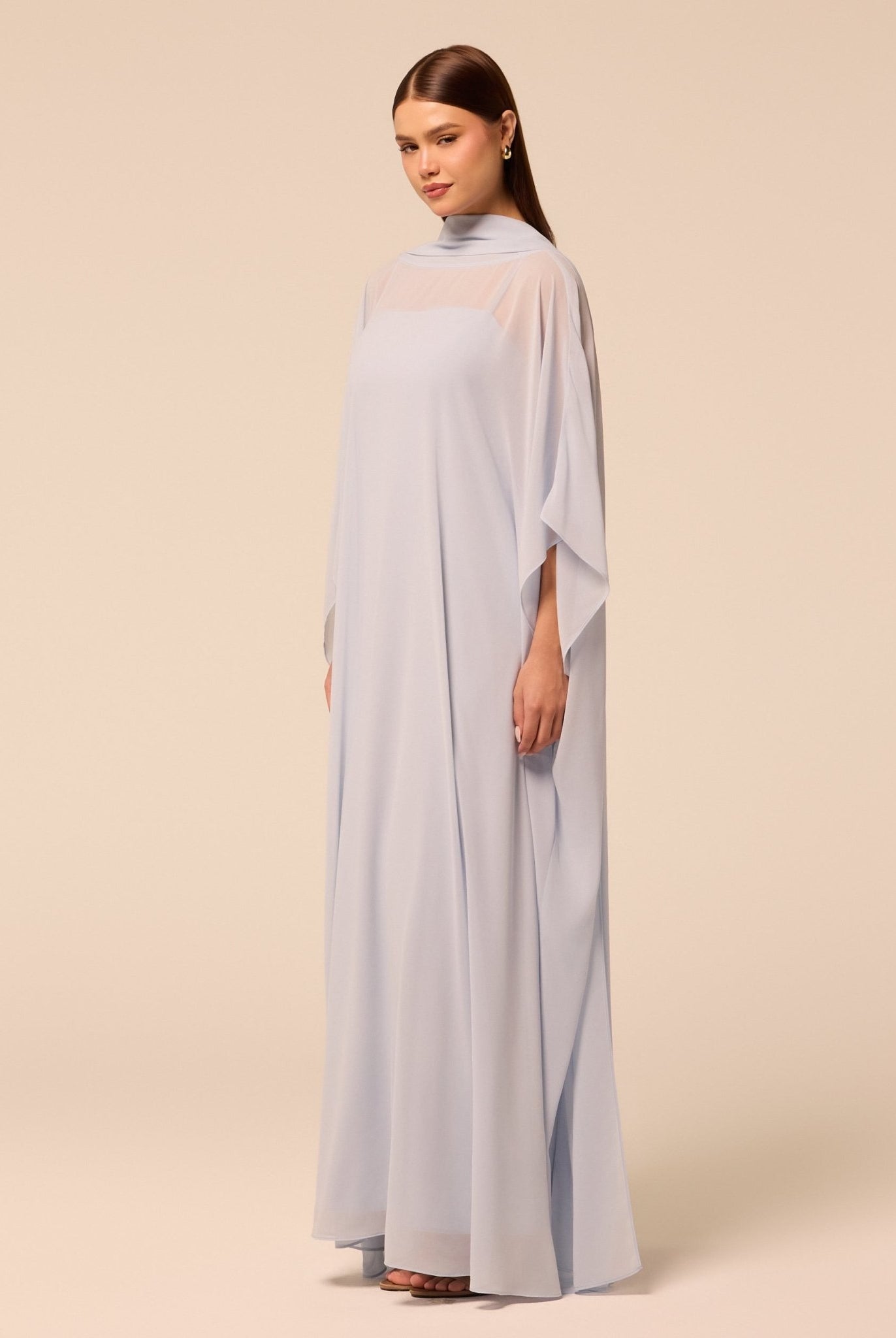 Light Blue Spaghetti Strap Dress with Sheer Chiffon Cape - shopaleena