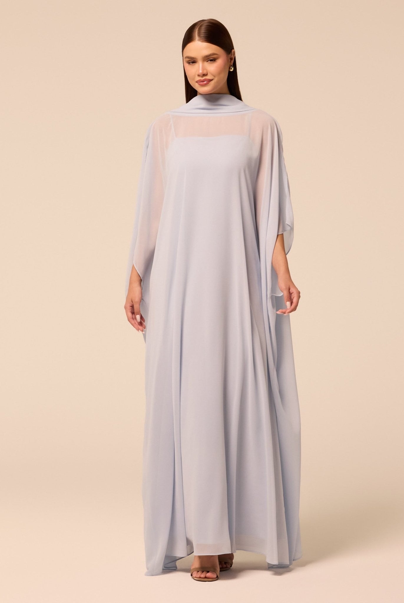 Light Blue Spaghetti Strap Dress with Sheer Chiffon Cape - shopaleena