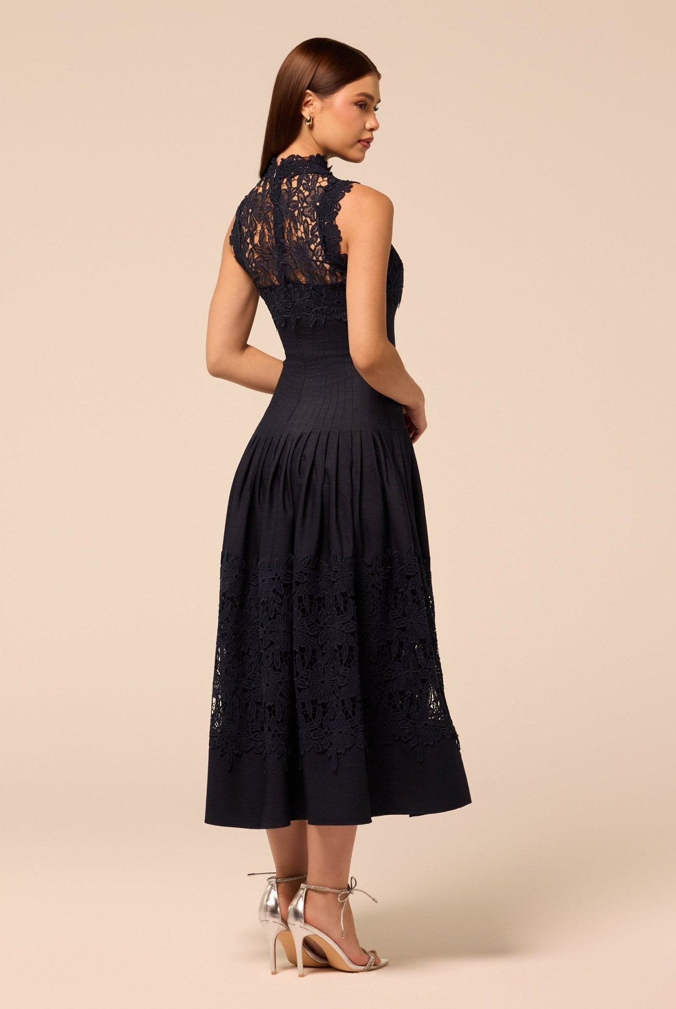 Light Denim Lace-Paneled Cotton Midi Dress - shopaleena