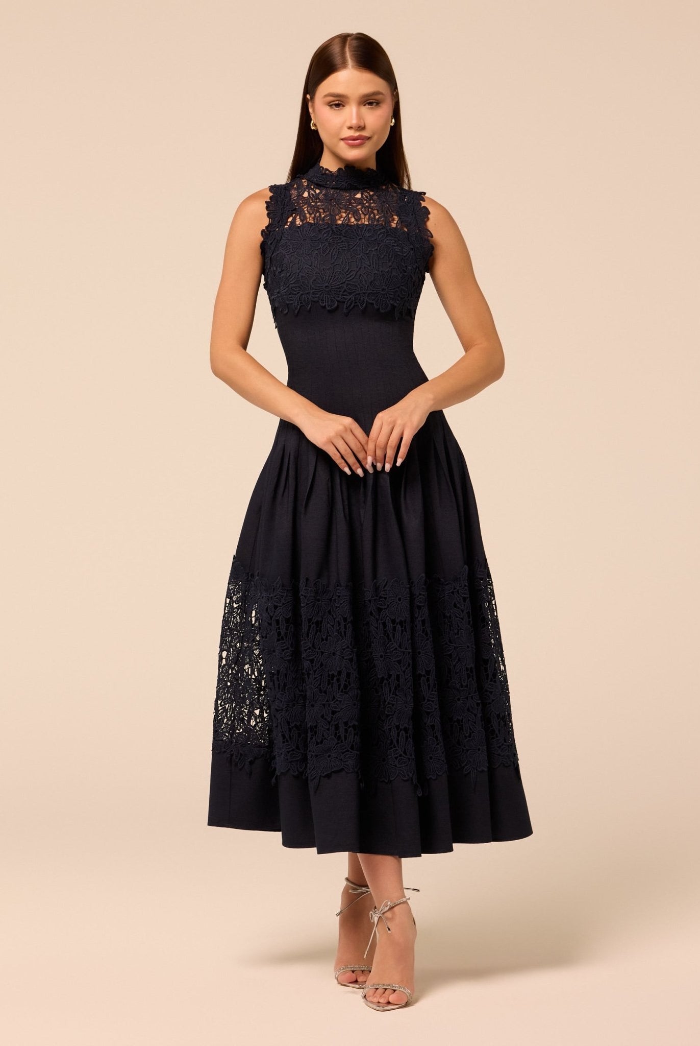 Light Denim Lace-Paneled Cotton Midi Dress - shopaleena