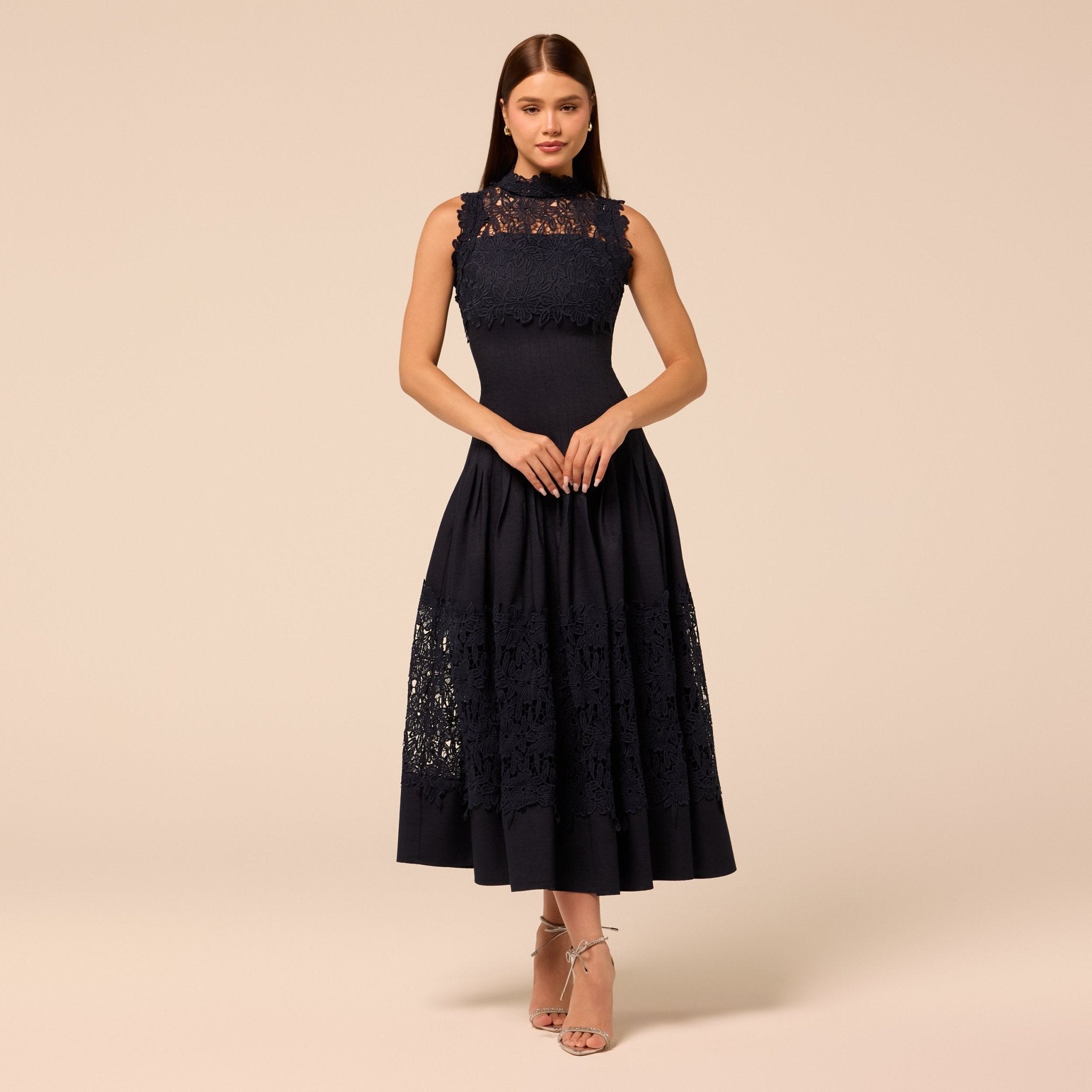 Light Denim Lace-Paneled Cotton Midi Dress - shopaleena