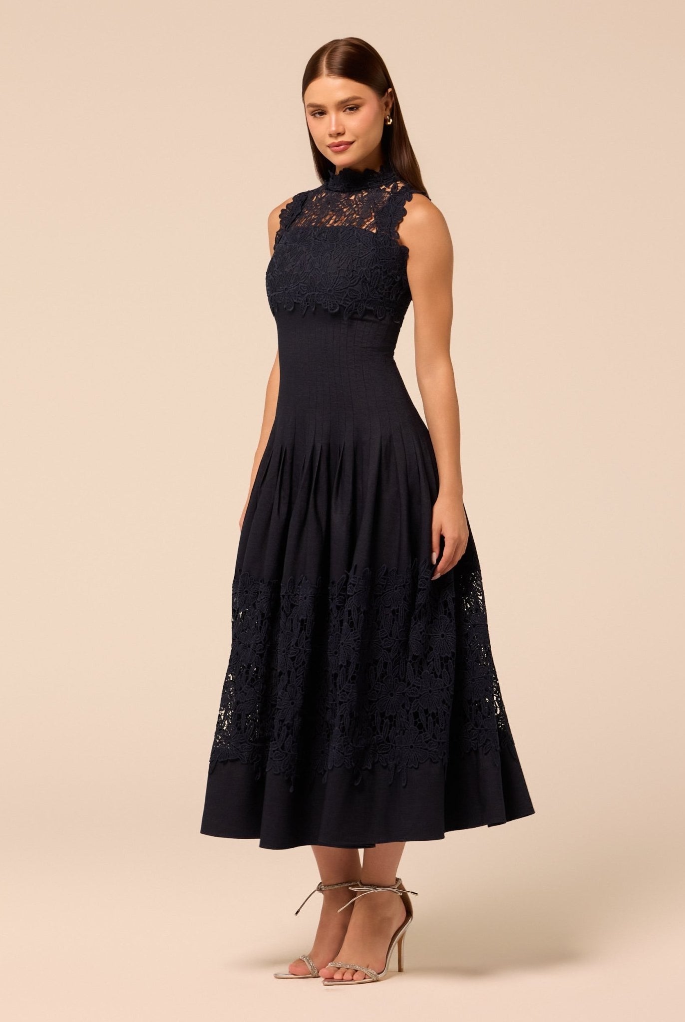 Light Denim Lace-Paneled Cotton Midi Dress - shopaleena