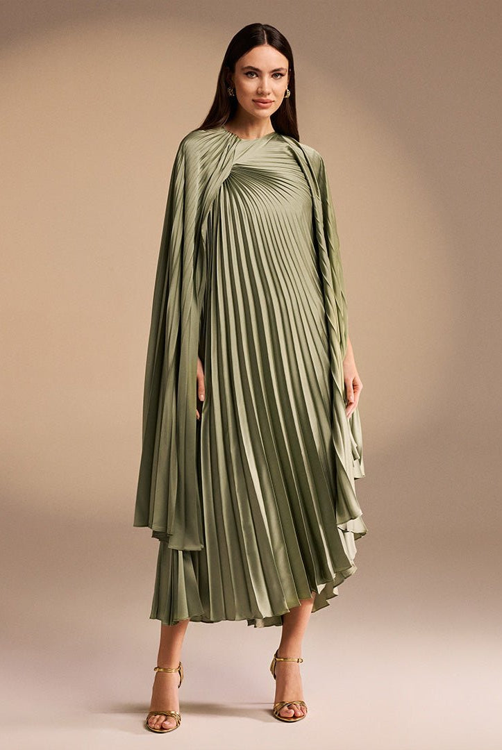Light Green Cape Pleated Satin Midi Dress - shopaleena