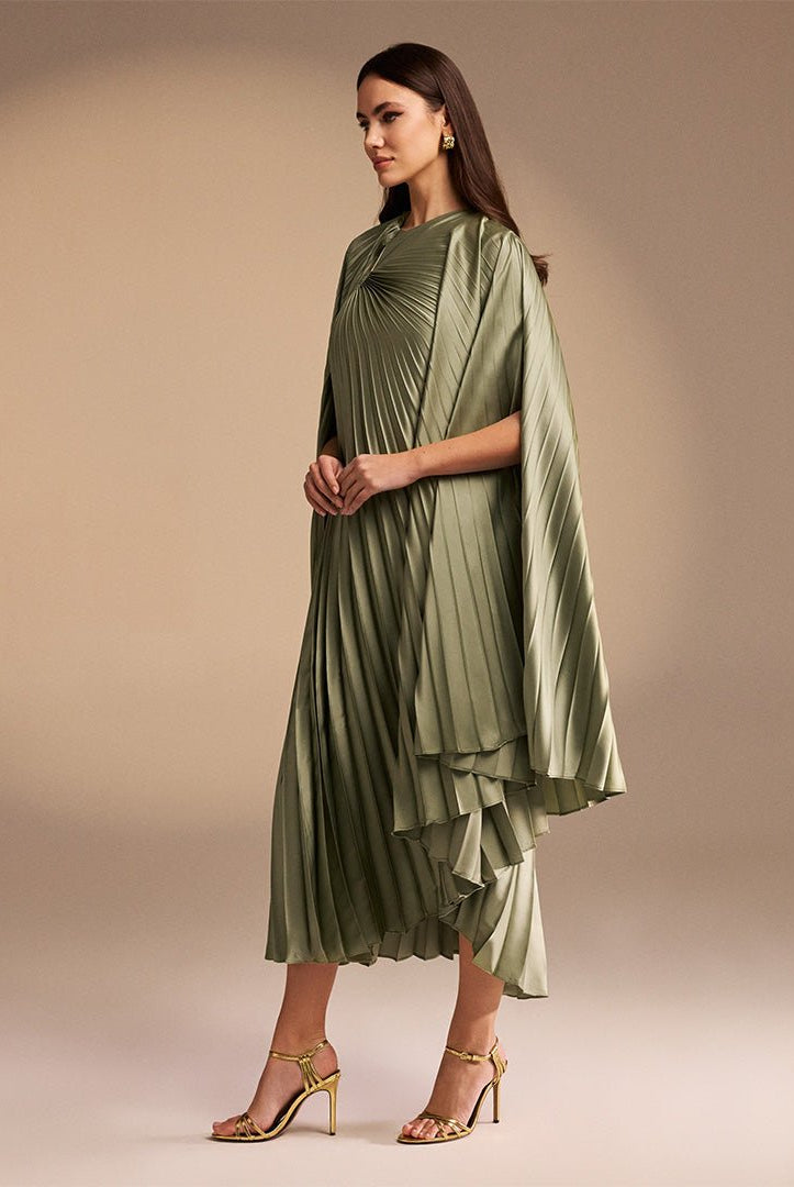 Light Green Cape Pleated Satin Midi Dress - shopaleena
