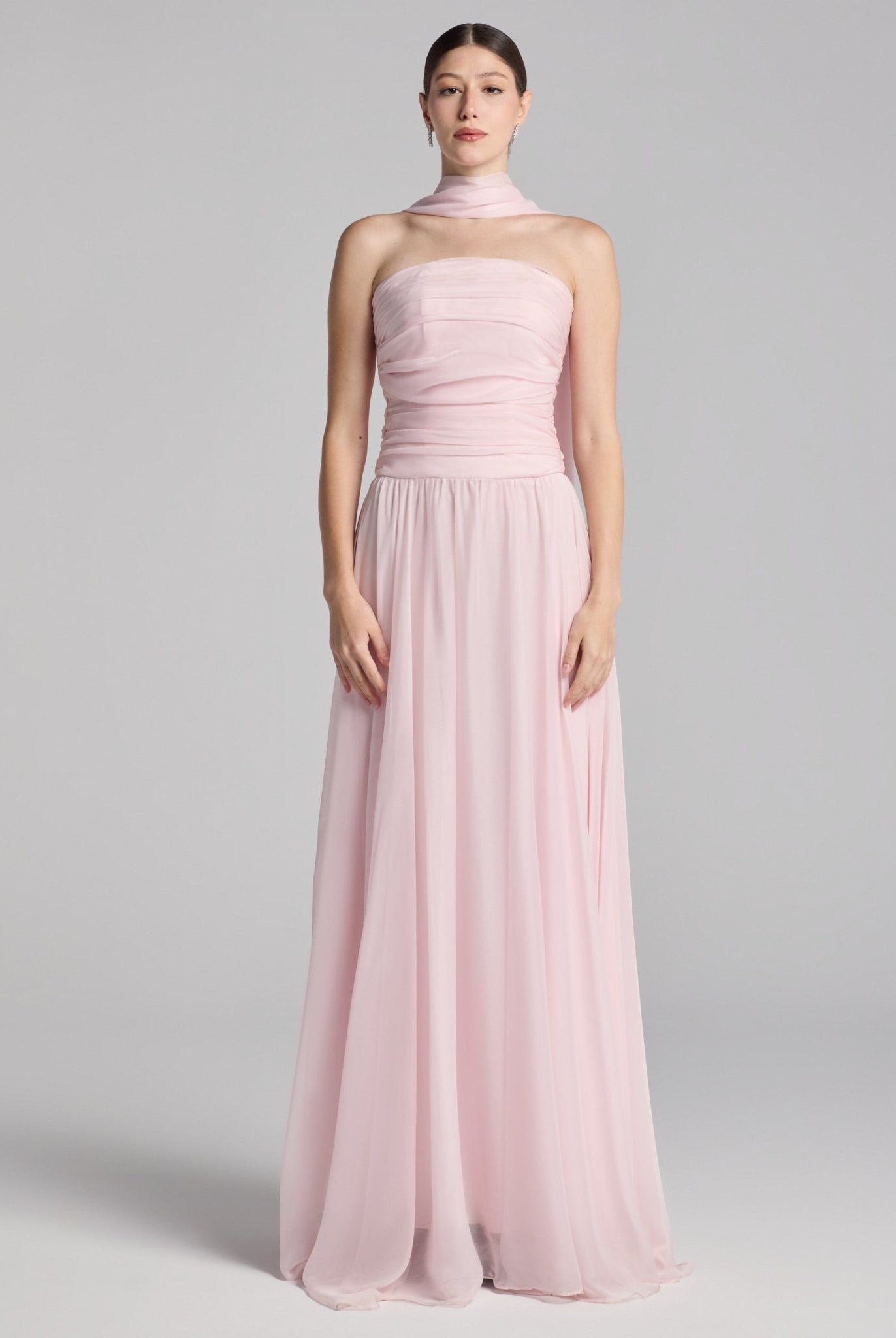 Light Pink Chiffon Strapless Maxi Dress with Scarf - shopaleena