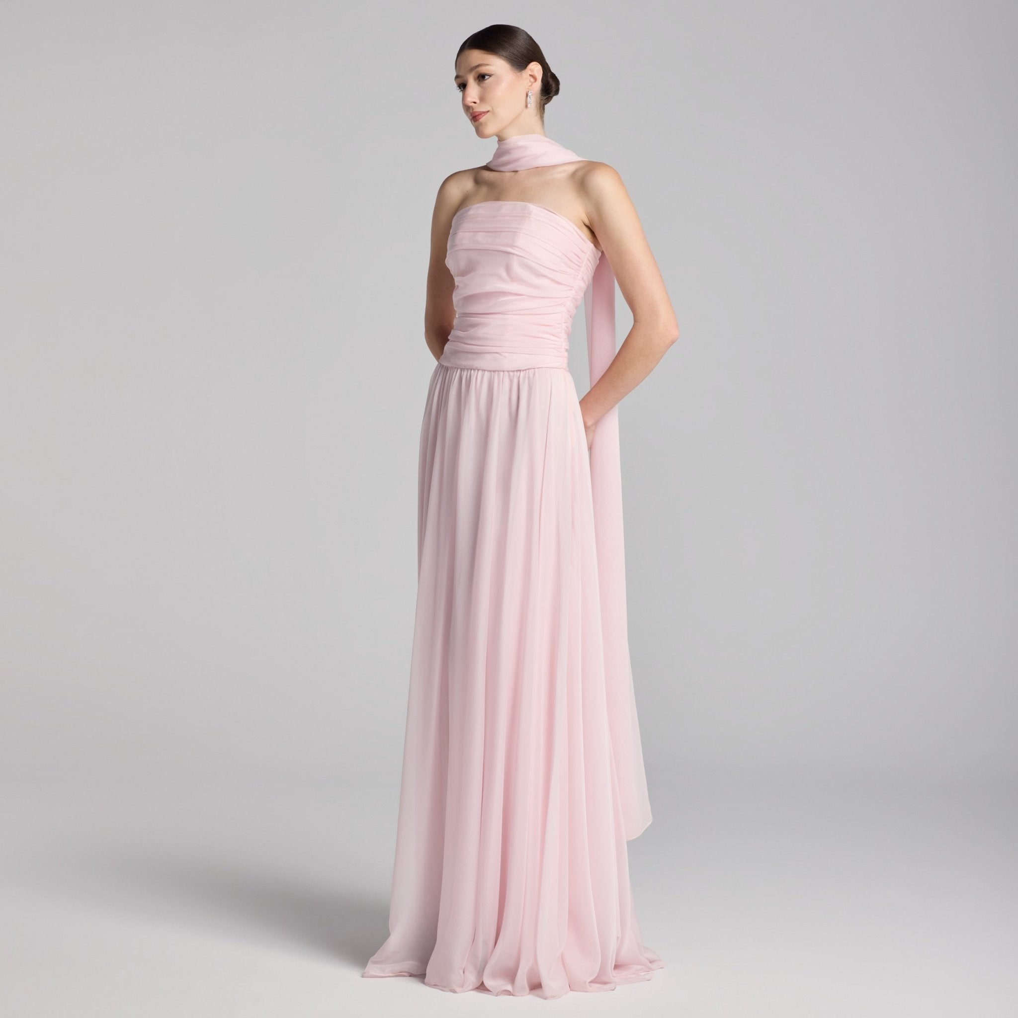Light Pink Chiffon Strapless Maxi Dress with Scarf - shopaleena