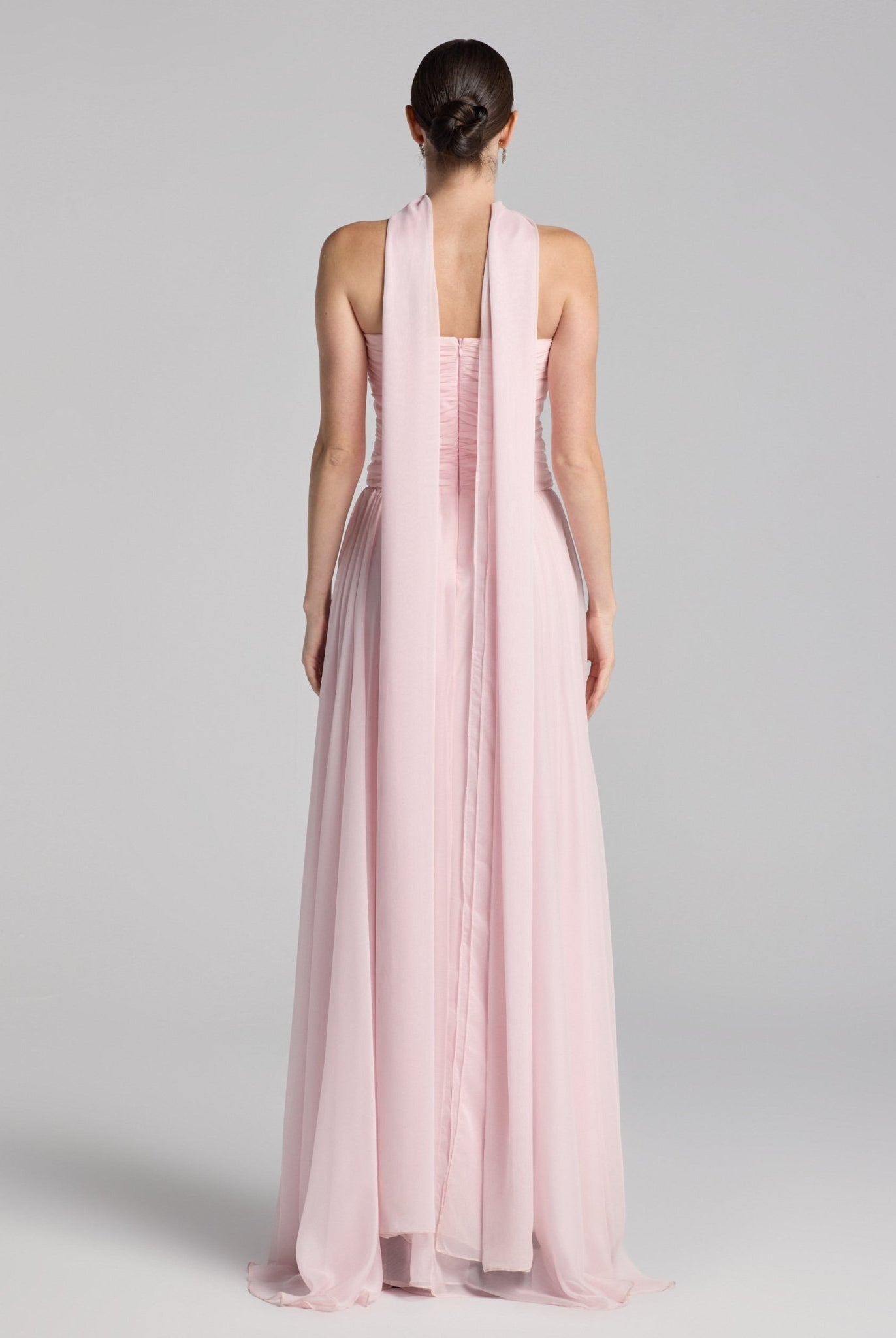 Light Pink Chiffon Strapless Maxi Dress with Scarf - shopaleena