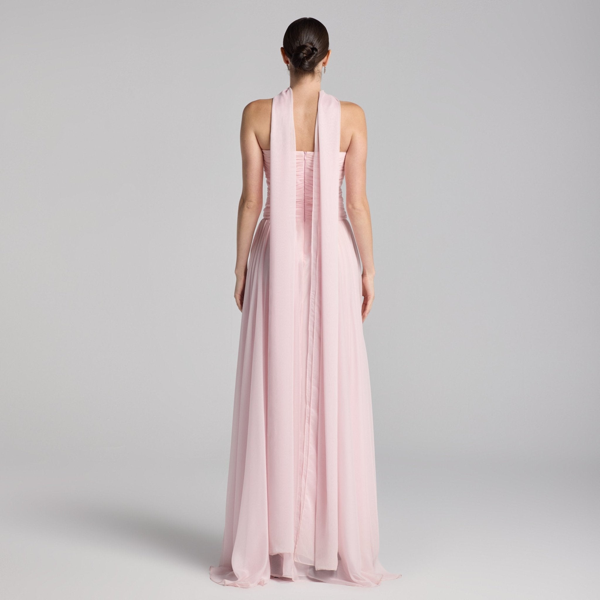 Light Pink Chiffon Strapless Maxi Dress with Scarf - shopaleena
