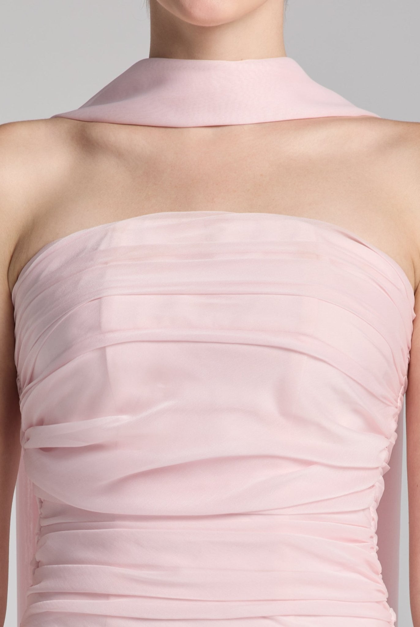 Light Pink Chiffon Strapless Maxi Dress with Scarf - shopaleena