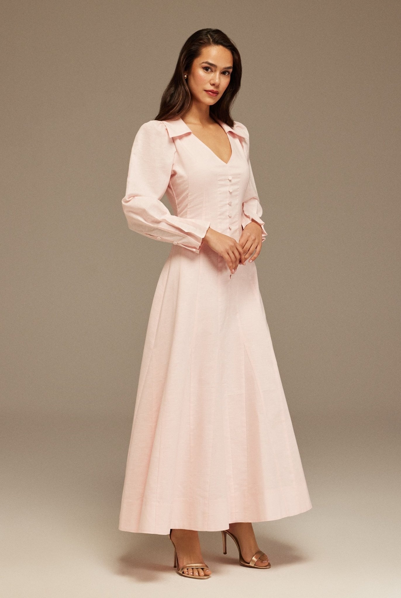 Light Pink Long Sleeve Shirt Maxi Dress - shopaleena