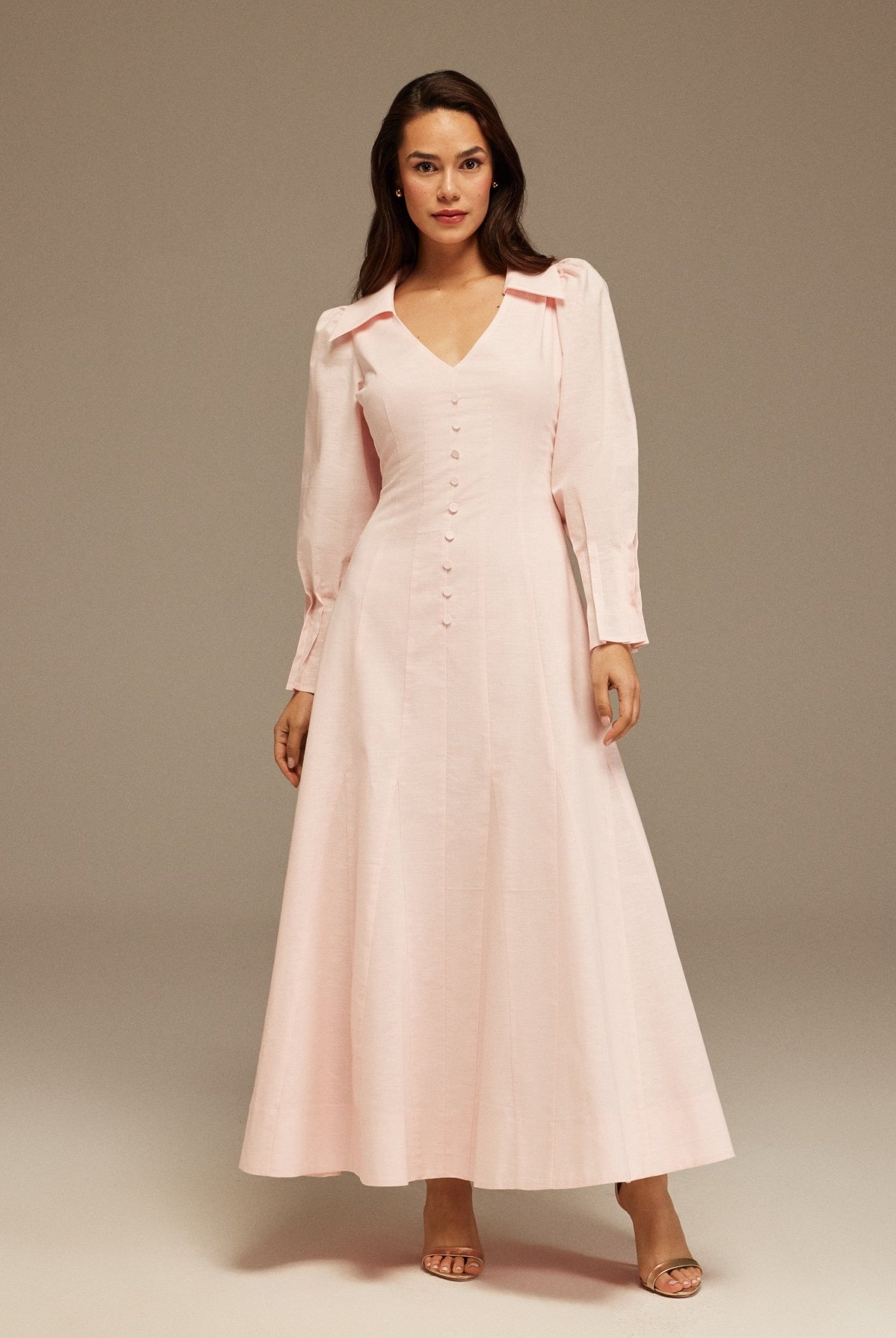 Light Pink Long Sleeve Shirt Maxi Dress - shopaleena