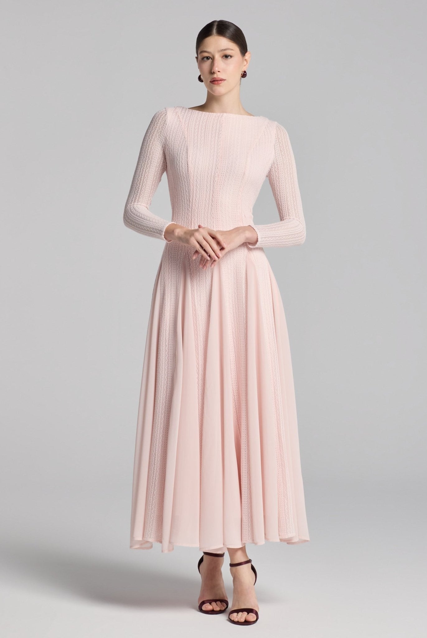 Light Pink Long Sleeves Godet Maxi Dress - shopaleena