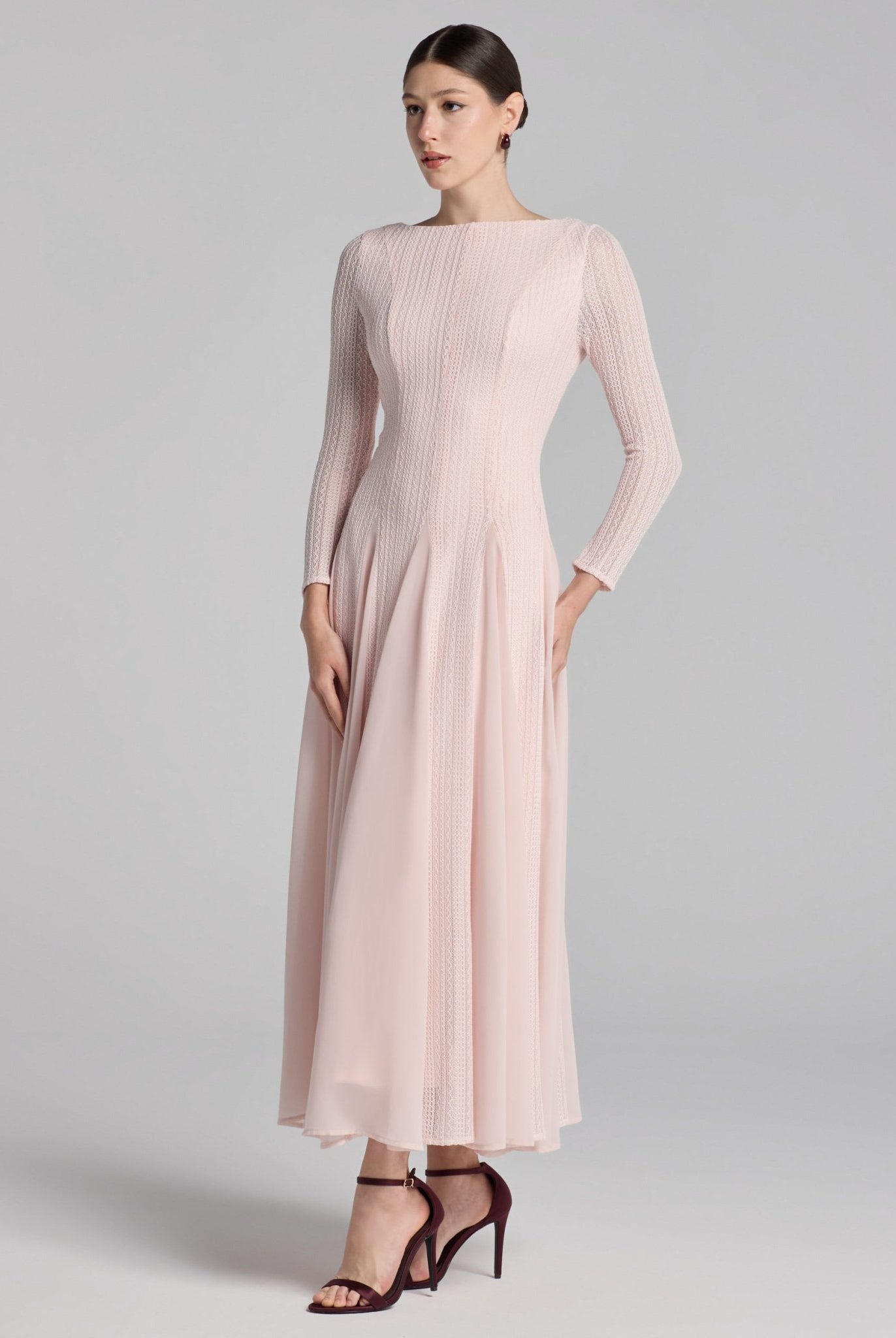 Light Pink Long Sleeves Godet Maxi Dress - shopaleena