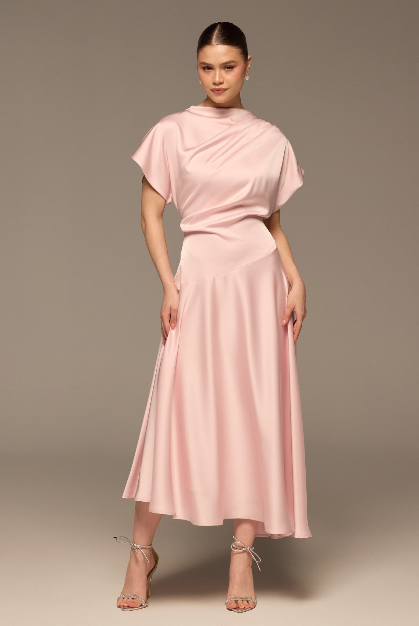 Light Pink Short Sleeve Asymmetric Satin Dress - shopaleena