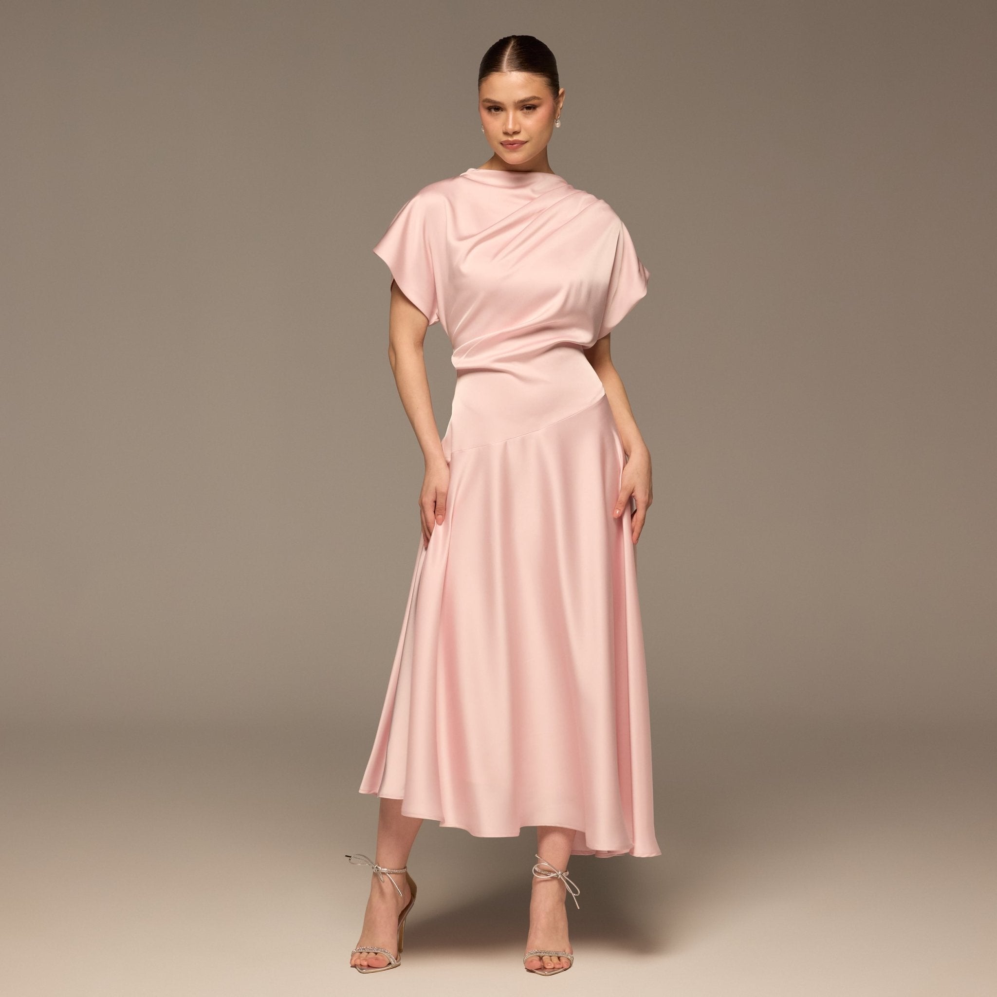 Light Pink Short Sleeve Asymmetric Satin Dress - shopaleena