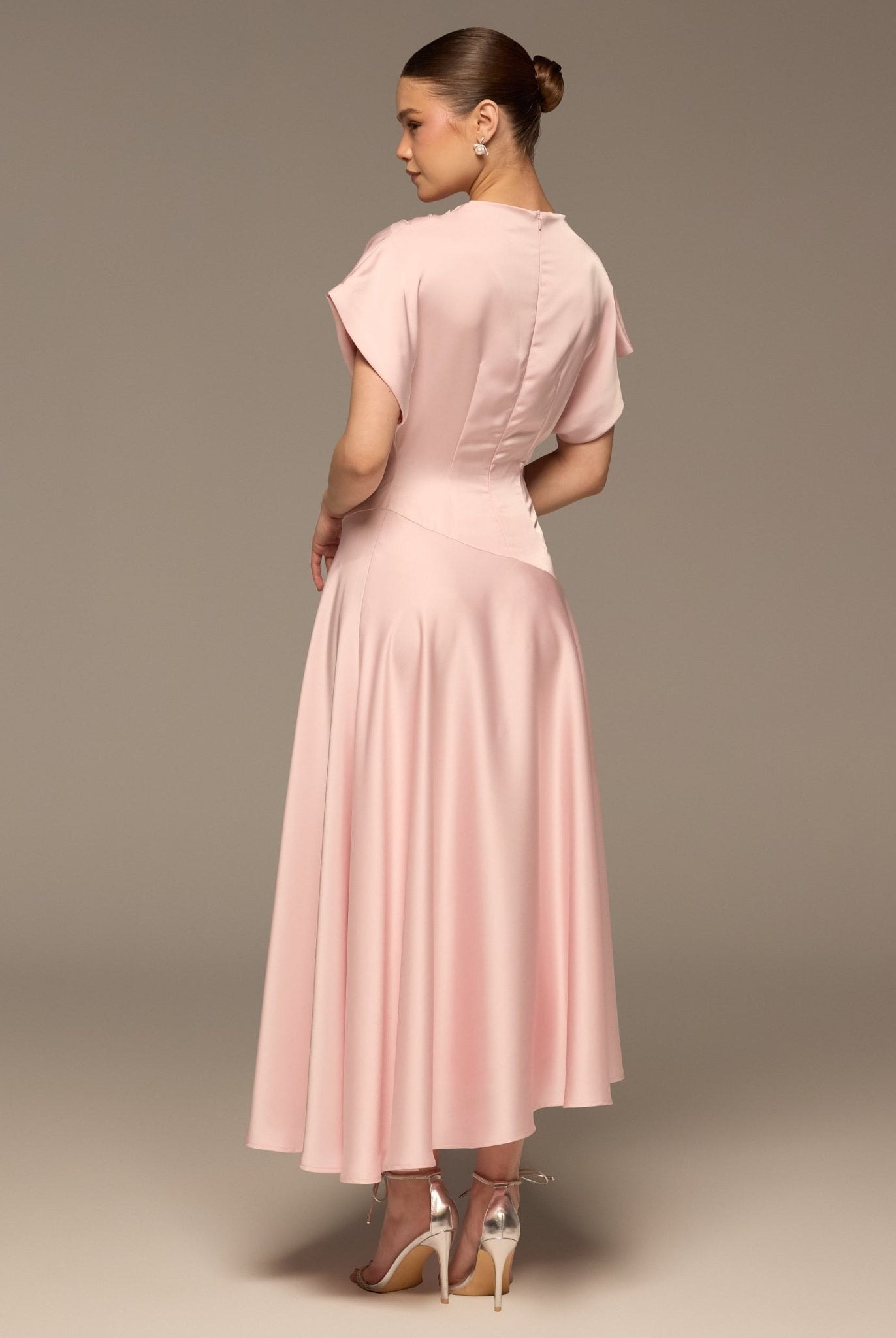 Light Pink Short Sleeve Asymmetric Satin Dress - shopaleena
