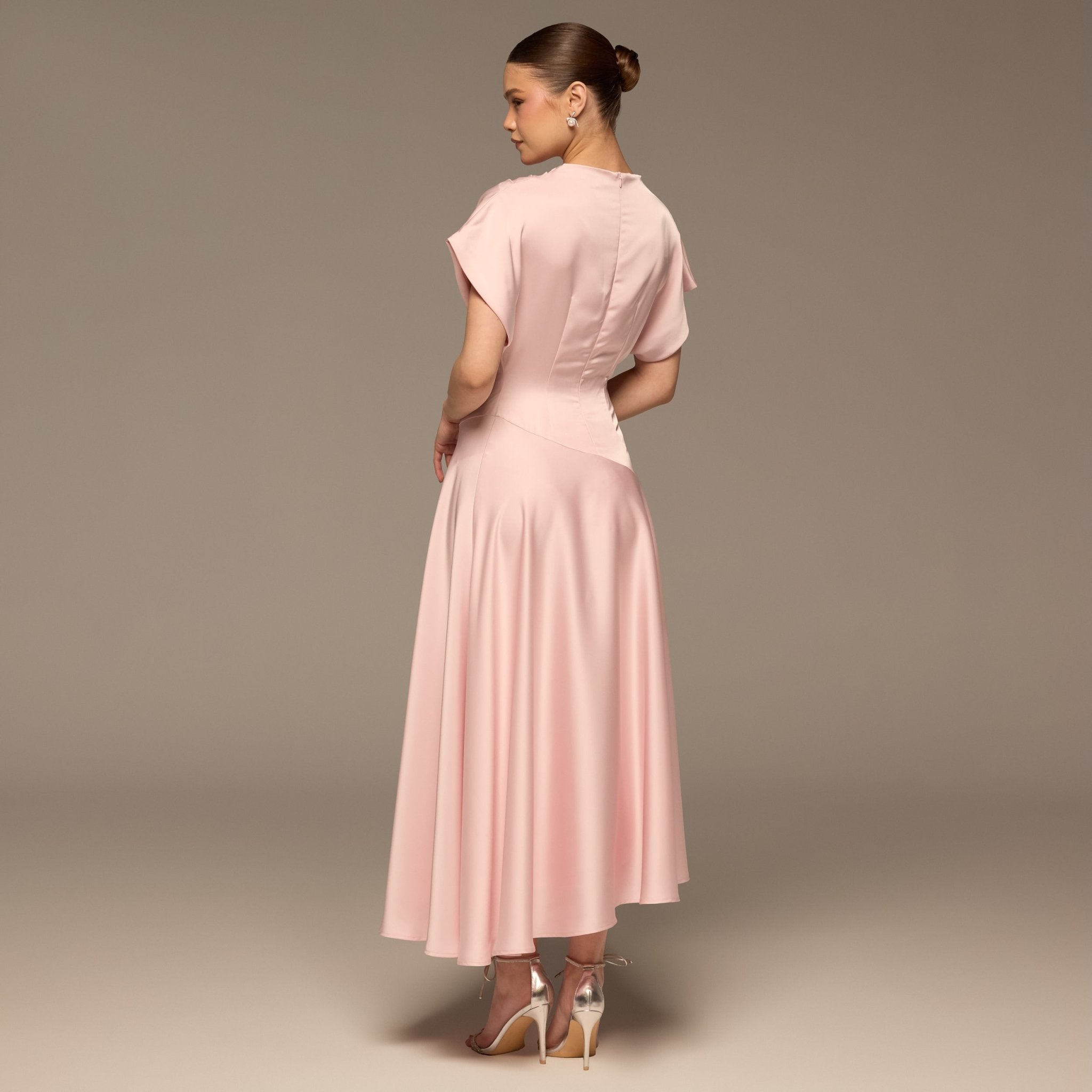 Light Pink Short Sleeve Asymmetric Satin Dress - shopaleena