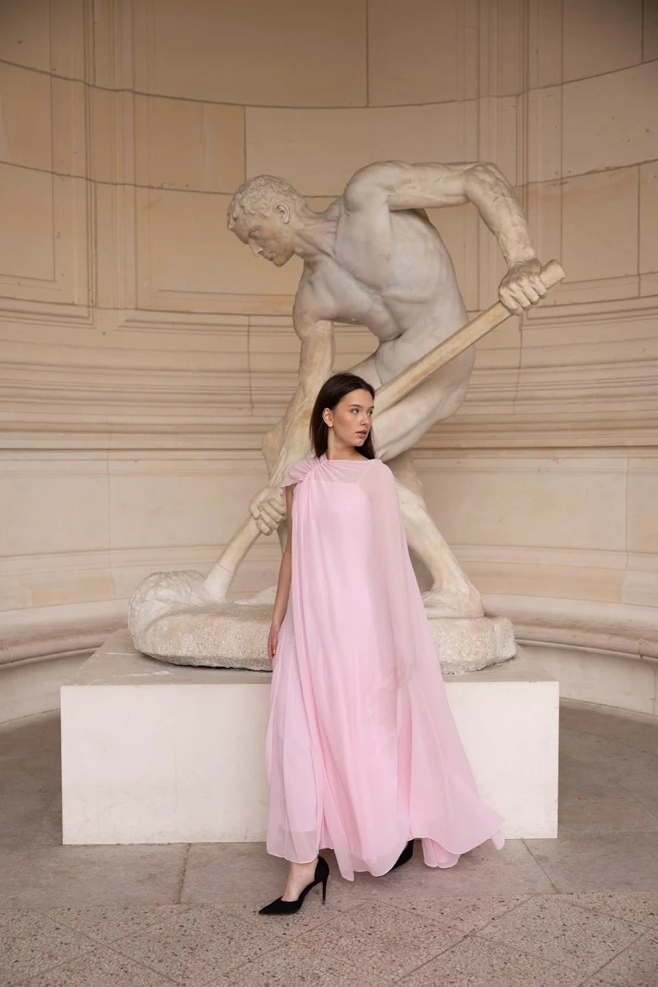 Light Pink Spaghetti Strap Maxi Dress with Sheer Chiffon Cape - shopaleena