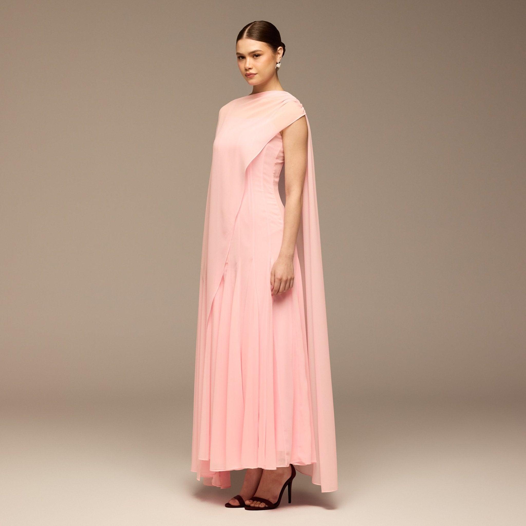 Light Pink Spaghetti Strap Maxi Dress with Sheer Chiffon Cape - shopaleena