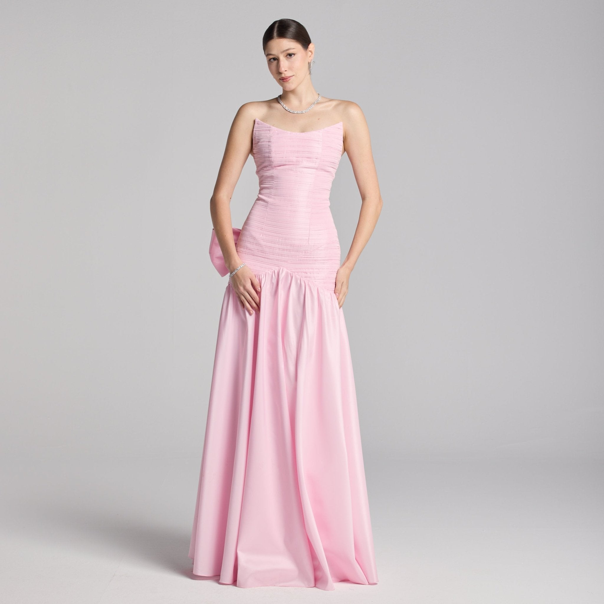 Light Pink Strapless Ruched Taffeta Gown - shopaleena