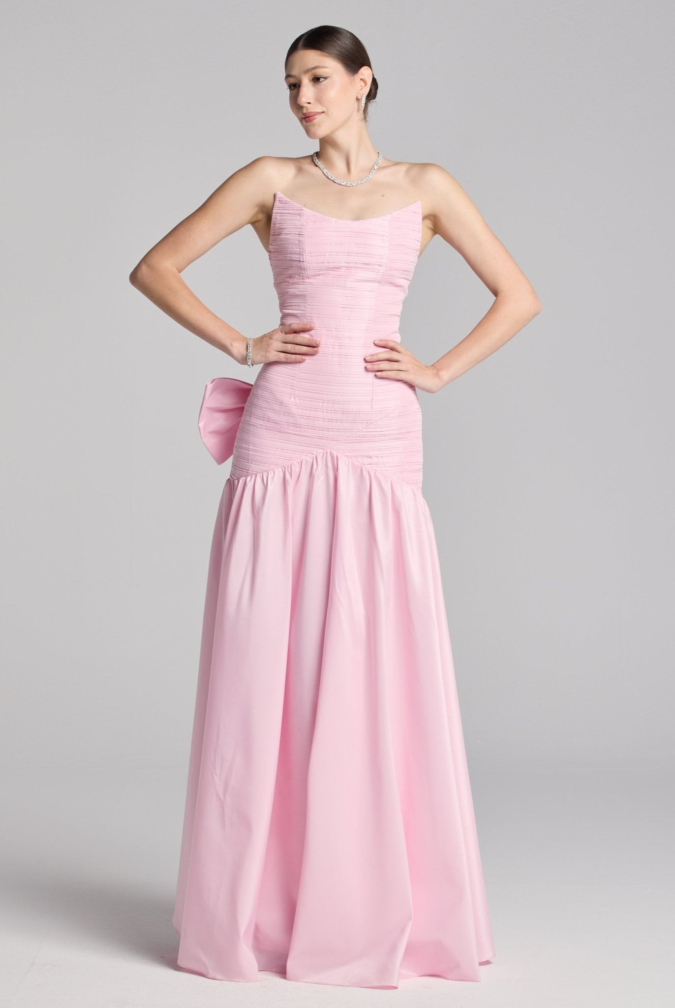 Light Pink Strapless Ruched Taffeta Gown - shopaleena