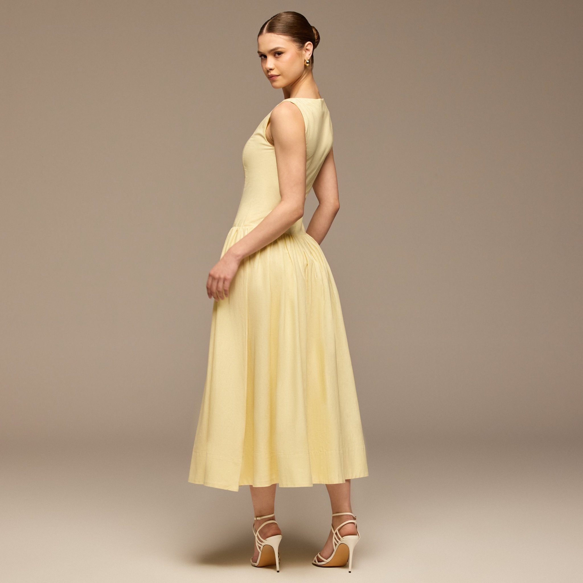 Light Yellow Button - Front Linen Midi Dress - shopaleena