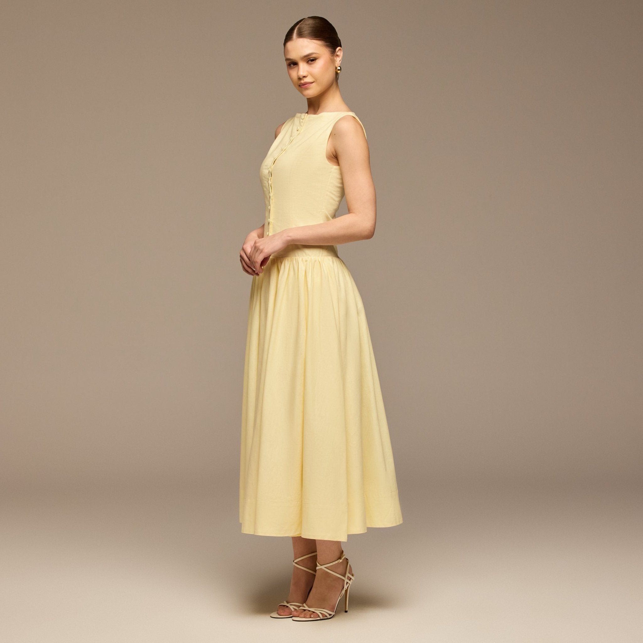 Light Yellow Button - Front Linen Midi Dress - shopaleena