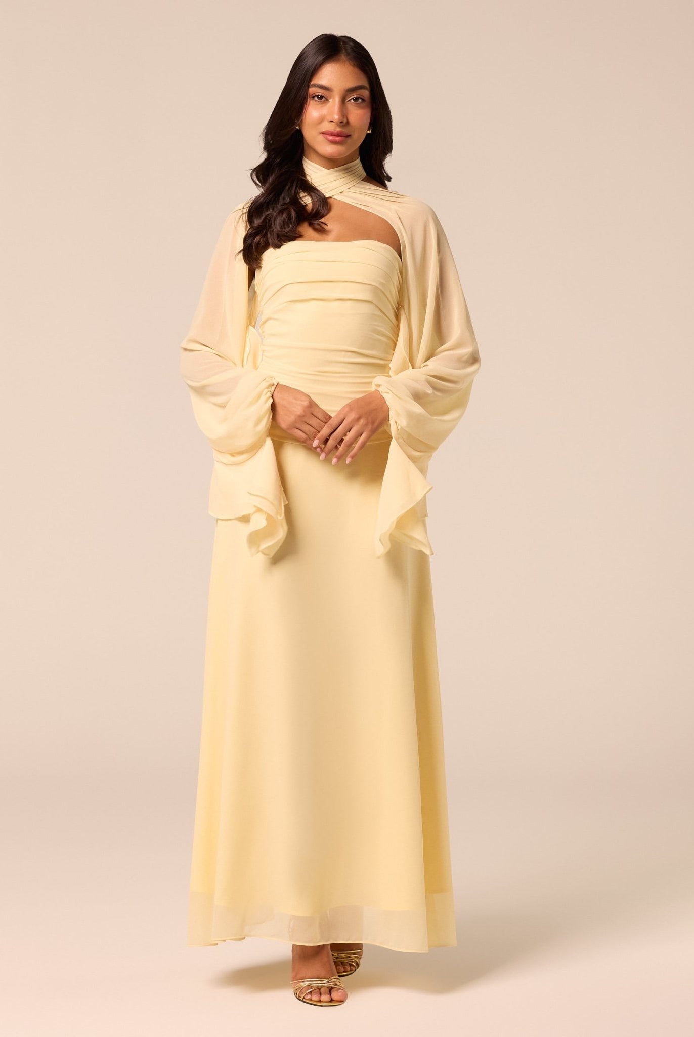 Light Yellow Cross-Halter Chiffon Maxi Dress - shopaleena