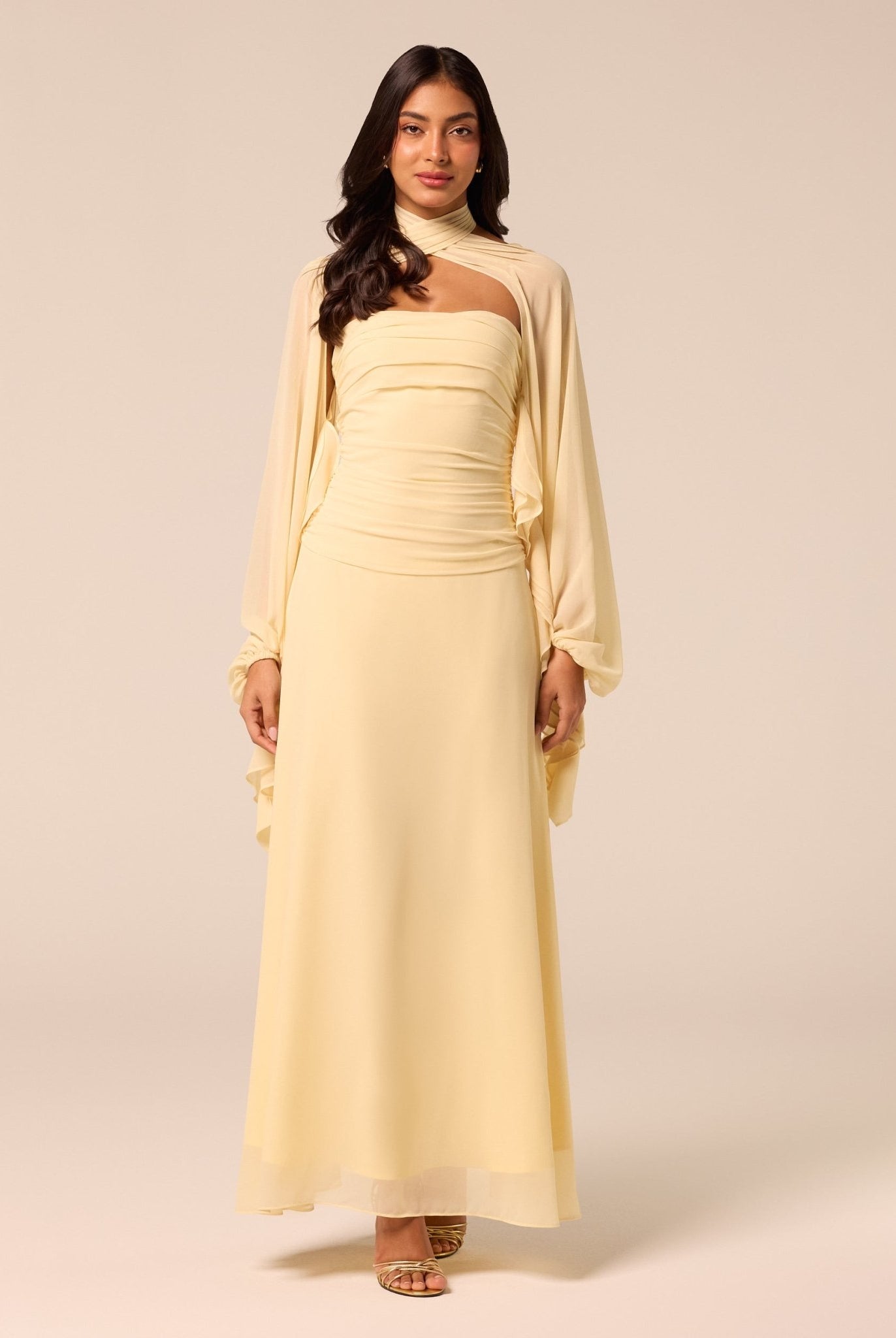 Light Yellow Cross-Halter Chiffon Maxi Dress - shopaleena
